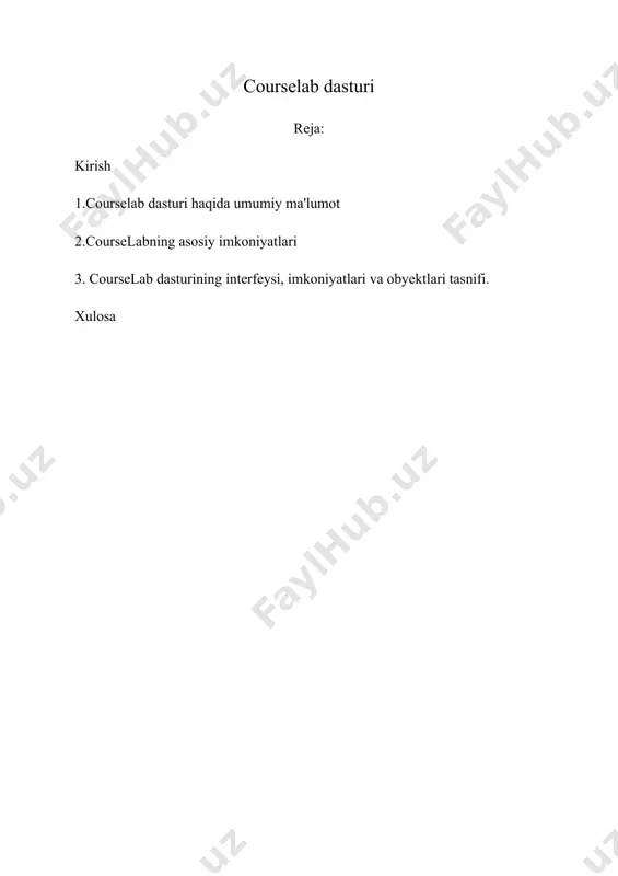 giz ham mumkin. paket yuklab olingach uni raspakovka qilasiz va uning tarkibidagi .exe kengaytmali faylni ishga tushirasiz. so‘ngra keying chiquvchi oynalardagi o‘rnatish shartlari va ketma- ketligini o‘qigan holda ularga amal qilib borasiz. natijada courselab dasturi kompyuteringizga o‘rnatiladi va uning yorliqchasi ish stolingizda paydo bo‘ladi. dasturni birinchi ishga tushirganingizda sizga quyidagi (1-rasm)oyna ochiladi: 1-rasm. courselab da ro’yxatdan o’tish oynasi yuqorida ochilgan oynaning tegishli maydonlariga mos ma‘lumotlar kiritilgach, dastur tomonidan sizning elektron pochtangizga maxsus xos kod jo‘natiladi. ushbu kodni maydonga (2-rasm) kiritish orqali siz dasturda erkin ishlash huquqiga ega bo‘lasiz courselab da ro’yxatdan o’tish ushbu amallarni bajargach siz courselab dasturida erkin ravishda barcha uskuna va effektlardan samarali foydalangan holatda elektron kurs yaratish imkoniyatiga ega bo‘lasiz. 3. courselab dasturining interfeysi, imkoniyatlari va obyektlari tasnifi. courselab juda qulay va tushunarli interfeysga ega, ammo uni zamonaviy deb aytish qiyin: u microsoft office ning 10 yil avvalgi uslubida yaratilgan va bu ishlab chiqaruvchilarning shaxsiy tanloviga o‘xshaydi. …