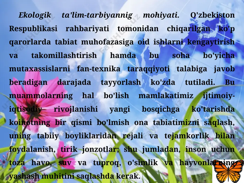 atini tushuntirish ishlarini olib borish. yuqoridagi vazifalarni amalga oshirishda bog'cha tarbiyachilari, maktab va o'quv yutrlari o'quvchilari, turli o'yinlar, kinotfilmlar orqali tabiiy va ijtimoiy fanlarni o'tishda o'zlari yashab turgan joydagi tabiiy voqelik va ekologik holatlarga bog'lab, ta'lim-tarbiya ishlarini olib borishi xamda darslar o'tishi kerak. shunday ishlar amalga oshirilganda har bog'cha bolasi, maktab o'quvchisi va talabalar o'simlikning qurishi, qushning ucholmasligi, adir yoki to'qayning yonishi, suvning befoyda oqishiga befarq bo'lmaydi. tabiat, uning jonzotlariga, o'zi ichadigan suvga nisbatan joni achiydi, ahvolni yaxshilash uchun ichki intilish tuyg'usi vujudga keladi. bu esa insondagi yangi biologik kuchdir. uning yangi aql-zakovatining inqilobi, ekologik ta'lim-tarbiyaning g'alabasi bo'ladi. * ekologik ta'lim asosida inson, jamiyat a'zolarini tabiat va uning boyliklarini saqlash, tejamkorlik bilan foydalanishda to'g'ri va oqilona yo'l tutishi, amaliy ishlarni muhit muammolarini echishga bag'ishlashi, shaxsning ekologik ta'limoti, tarbiyasi va madaniyatiga befarqdir. 3. ekologik ta'lim-tarbiyaning yunalishlari. ekologiyaning ta'lim-tarbiyaning asosiy yo'nalishlaridan biri jumhuriyatimizda tabiatni saqlash, uning turli boyliklaridan tejamkorlik bilan foydalanish borasida …