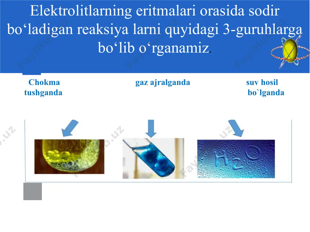 , ba (no3)2 eritmalari bo'lsa,qaysi biridan foydalanib kiyikka yordam bera olasiz. to`g`ri javob h2so4 + ba(oh)2 baso4 + 2h2o reaksiyaning ionli va qisqa ionli tenglamalarini yozing. shahar aholisini quduqdan “foydalanishiga" yordam bering. sehrgar butun shaharga yordam beradigan cacl2 eritmasi bo'lgan shifobaxsh quduqni zaharladi. undan shahar aholisi zaharlanish, qon ketish, allergiya kasalligini davolashda foydalangan. ular cacl2 eritmasini caco3 erimaydigan ohaktoshga aylantirdilar. agar sizning ixtiyoringizda nacl, na2co3, hcl, h2so4, zn (no3) 2 eritmalari bo'lsa, aholiga qaysi reaktivdan foydalanishiga maslahat berardingiz. to`g`ri javob сасо3 + 2hcl cacl2 + h2o + co2 reaksiyaning ionli va qisqa ionli tenglamalarini yozing. image1.png image2.png image3.png image4.gif image5.jpeg image6.png image7.png image8.jpeg image9.jpeg image10.png image11.emf image12.png image13.png image14.jpeg image15.jpeg image16.jpeg image17.jpeg /docprops/thumbnail.jpeg