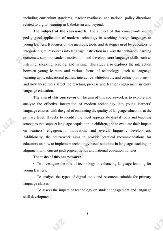 to examine the challenges faced by educators in integrating technology into language teaching. · to propose practical strategies and recommendations for effective technology integration in young learners' language education. methods of the research: · literature review: a thorough review of existing academic research, articles, and case studies related to the use of technology in language education, focusing on primary school settings. · qualitative research: conducting interviews with language teachers to understand their experiences, challenges, and strategies in using technology in the classroom. · observations: observing classroom practices to identify how technology is currently being used in language teaching, including its impact on student interaction and learning outcomes. · surveys and questionnaires: distributing surveys to both teachers and students to gather data on the effectiveness and perception of technology in language learning. · data analysis: analyzing collected data to identify trends, correlations, and insights regarding the integration of technology in language …