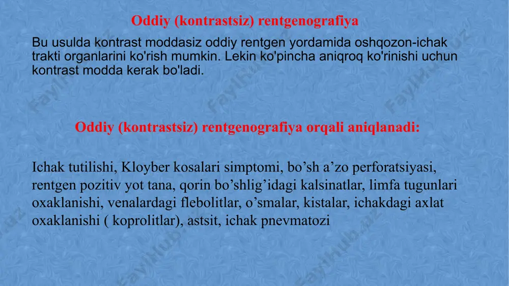 gastrit, helicobacter pylori infeksiyasi, chekish va noto‘g‘ri ovqatlanish kiradi. oshqozon kasalliklari ovqat hazm qilish tizimining endoskopiyasi - bu endoskop, moslashuvchan optik asbob yordamida ovqat hazm qilish a’zolari kasalliklarini diagnostika qilish va davolash usuli bo‘lib, u tananing ichki yuzasini ko‘rish uchun tabiiy teshiklar (masalan, og‘iz yoki anus) orqali tanaga kiritiladi. ovqat hazm qilish tizimi endoskopiyasi turlari: gastroskopiya (ezofagogastroduodenoskopiya) - qizilo‘ngach, oshqozon va o‘n ikki barmoqli ichakni tekshirish. endoskop og‘iz va tomoq orqali kiritiladi. kolonoskopiya - yo‘g‘on va to‘g‘ri ichakni tekshirish. endoskop anal teshik orqali kiritiladi. sigmoidoskopiya - yo‘g‘on ichak (sigmasimon ichak) va to‘g‘ri ichakning pastki bo‘limini o‘rganish. endoskopik retrograd xolangiopankreatografiya (erxpg) - o‘t yo‘llari, o‘t pufagi va oshqozon osti bezini o‘rganish, ko‘pincha o‘t toshlari yoki yallig‘lanish kasalliklarini tashxislash uchun. endoskopiyaning asosiy maqsadlari: tashxisi: yallig‘lanish, yara, o‘sma, polip, infeksiya va boshqa kasalliklarni aniqlash. davolash: poliplarni olib tashlash, tahlil uchun biopsiya olish, qon ketishini to‘xtatish. endoskopiyaning afzalliklariga yuqori aniqlik, minimal invazivlik va erta …