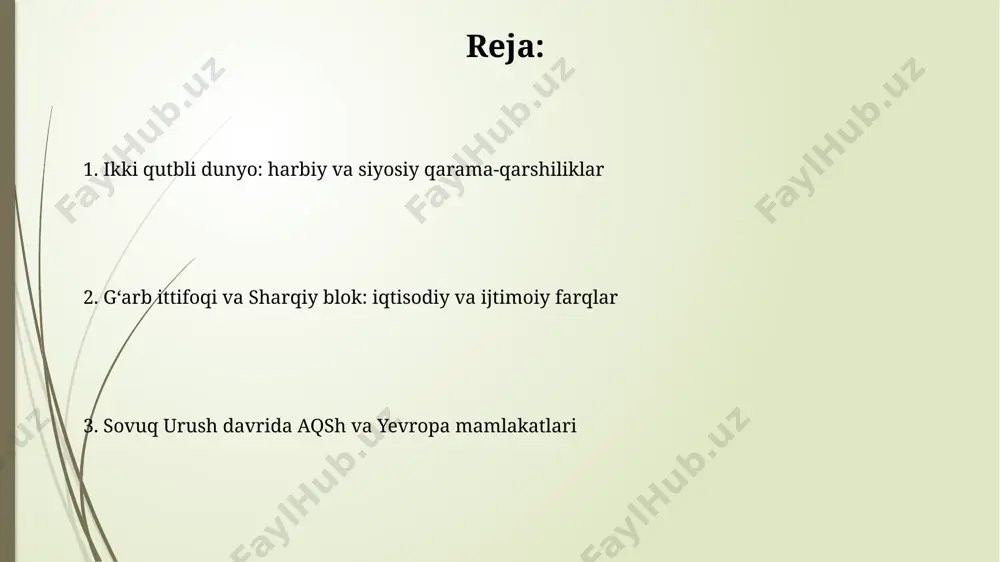 lakatlari aqshning marshall rejasi 1948-yilda yevropaning vayron bo'lgan iqtisodiyotini tiklash uchun 13 milliard aqsh dollari miqdorida yordam ajratdi, bu esa g'arbiy yevropaning sovet ta'siridan qochishiga yordam berdi. sovuq urush davrida, 1961-yilda berlin devori qurilishi g'arbiy berlin aholisini sharqiy germaniya nazorati ostidagi kommunistik rejimgacha bo'lgan harakatlanishni cheklab qo'ydi va bu voqea yevropa bo'ylab keskin siyosiy bo'linishni aks ettirdi. sovuq urushning mintaqaviy mojarolarga ta'siri vetnam urushi (1955-1975) 17-chi parallel bo'ylab shimoliy va janubiy vetnam o'rtasidagi kurashda aqshning katta miqdordagi harbiy kuchlari ishtirok etib, millionlab odamlarning halok bo'lishiga olib keldi. afg'onistondagi sovet-afg'on urushi (1979-1989) sssrning afg'onistonga qurolli aralashuvi aqshning mudofaa siyosatiga sezilarli ta'sir ko'rsatib, "sovuq urush"ning mintaqaviy oqibatlarini yanada kuchaytirdi. sovuq urushning yakunlanishi va oqibatlari sovuq urushning tugashi 1991-yilda sssrning parchalana boshlashi bilan belgilandi, bu esa 15 ta mustaqil davlatning, jumladan rossiya va ukraina kabi yirik davlatlarning paydo bo‘lishiga olib keldi. sovuq urush davridagi qurol-yarog‘lar poygasining oqibati sifatida jahon miqyosida yadroviy qurollarning tarqalishi …