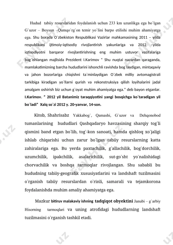 sosida hududning landshaft tuzilmasi (strukturasi)ning regional va individual sharoitlarini yoritishdan iborat. shu maqsadga bog`liq holda quyidagi asosiy vazifalar hal qilindi: · tog` hosil bo`lishining asosiy qonuniyatlari va bosqichlarini tahlil qilish; tabiatdan foydalanishning geografik jihatlarini yoritish; geoekologiyaning ayrim nazariy masalalarini bayon qilish; · landshaft hosil qiluvchi komponentlarning xususiyatlarini о`rganish va ularning landshaftlarining hududiy tabaqalashuvidagi rolini tahlil qilish; janubi – g`arbiy hisorning landshaftlari salohiyati va undan xo`jalikda foydalanish masalalarini yoritish. bitiruv malakaviy ishni nazariy va uslubiy asoslari bajarishda geoekologik, tabiatni muhofaza qilish muammolariga doir maxsus adabiyotlardan, kartografik materiallardan, ishlab chiqarish va ilmiy muassasalarning ma`lumotlaridan hamda maxsus ishlab chiqarish amaliyoti davomida dala sharoitlarida olib borilgan kuzatish natijasida tо`plangan ma`lumotlardan foydalanildi. bitiruv malakaviy ishning ilmiy yangiligi. tog`li hudud tabiiy resurslardan ilmiy asoslangan holda oqilona foydalanish birinchi navbatda majmuali tuzilmaga ega bо`lishi lozim, ya`ni muayyan hududning tabiiy resurslarining barcha turlari ularning iqtisodiy imkoniyatlari darajasi e`tiborga olingan holda bir paytda foydlanilishi, resurslarning bir turidan foydalanish ikkinchi …