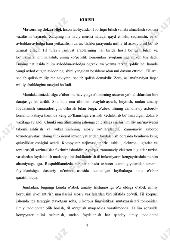 ng) birlamchi vazifalardan biridir. so‘z turkumlarinining morfologik modelini yaratishda morfologik teglardan foydalaniladi. olimlar aynan nutq qismlarini teglash jarayoni tabiiy tilni qayta ishlashning muhim qismi deb hisoblashadi. chunki teglashda til birligining nafaqat nutqda bajarayotgan vazifasiga ko‘ra, baki nutq qismining kontekstdagi semantikasi va pragmatikasini ham hisobga olish zarur. shunda omonimlik xususiyatiga ega nutq birliklari kontekst mazmunidan kelib chiqib izohlanadi. til qurilishining asosini lisoniy modellar va nutqiy birliklar tashkil qiladi. mana shu ikki asosning o‘zaro birligidan tabiiy tilning manzarasi hosil bo‘ladi. mavzuning o‘rganilish darajasi. dunyo tilshunosligida morfologik tahlil bo‘yicha bir qancha ishlar amalga oshirilgan. yurtimizda o‘zbek tilidagi matnni morfologik tahlil qiluvchi dasturning lingvistik ta’minotini yaratishga qaratilgan tadqiqotlardan biri f.f.d.,prof. n.abduraxmonova tomonidan olib borilgan bo‘lib, “mashina tarjimasining lingvistik ta’minoti”[footnoteref:1] nomli monografiyasi, “mashina tarjimasining lingvistik asoslari”[footnoteref:2] nomli o‘quv qo‘llanmasi va “kompyuter lingvistikasi”[footnoteref:3] darsligida morfologik tahlil uchun modellashtirish, formal til nazariyasi hamda lingvistik bazani tuzishdagi muhim jihatlar ochib berilgan. s.muhamedov r.piotrovskiy bilan hammualliflikda yozilgan “инженерная лингвистика …