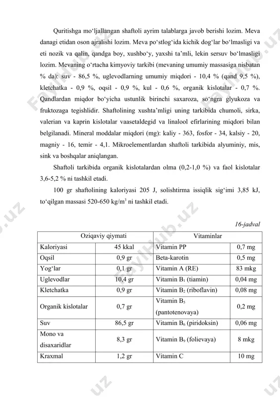 vrusskiy, koroleva olga, nektarin (luchchak), erevanskiy, kuzgi oq, danagi ajraluvchi oq shaftoli, xudusmat, krasnoshekiy, nazlu, payzi-guli, salaim, shafala, anjirli, qo‘qon yumolig‘i, tashkent, osh yumolog‘i va boshqa navlari yaroqlidir. shaftolini quritishga tayyorlash ishlari o‘rikni quritishga tayyorlashga o‘xshab olib boriladi. asosan shaftolini danaksiz (kuraga) ikki pallaga ajratib quritiladi. mayda shaftoli mevalari danagi bilan quritiladi. yuqori sifatli quritilgan mahsulot olish uchun shaftolini oltingugurt bilan dudlashdan oldin po‘stlog‘idan tozalash maqsadida ishqorli eritmaga botirib olinadi. buning uchun 2-3 % li qaynoq kaustik soda eritmasiga 90 soniya vaqtga botirib olinadi va so‘ngra toza suvda yaxshilab yuviladi. shaftoli mevasi po‘stini ishqorli eritma yordamida tozalashda xom ashyo massasining 7,5-9,5 % gacha yo‘qotish sodir bo‘ladi. shaftolini ochiq havoda quyoshda yoki sun’iy usulda quritiladi. quritilgan shaftolida 48-52 % gacha uglevodlar, 2-4,3 % ga kislotalar va 1,22,3 % gacha karotinoidlar mavjud. xom ashyodan tayyor mahsulot chiqish miqdori 14-15 % ni tashkil etadi. 38-rasm: pks-20 tipidagi bug‘li konveyyerli quritish uskunasi pks-20 quritish …