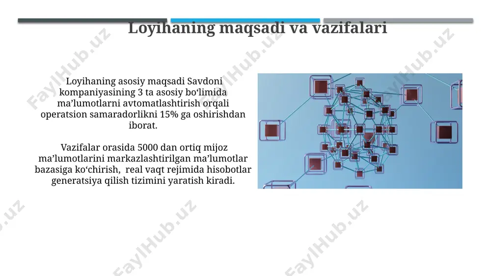 tsiya qilish va sql server 2022 ga o'tish orqali so'rovlar tezligini 2 barobarga oshirish ko'zda tutilgan. keyingi bosqichda sun'iy intellekt texnologiyalarini qo'llash orqali avtomatlashtirish darajasini 80% ga yetkazish va xodimlar samaradorligini 25% ga oshirish niyatida. tizimning iqtisodiy samaradorligi avtomatlashtirilgan tizimni joriy etish natijasida xodimlar mehnat unumdorligi 25% ga oshishi va yillik xarajatlarni 15% ga kamaytirish mumkin. yillik ma'lumotlarni qayta ishlashga sarflanadigan vaqt 50% ga kamayishi hisobiga, ish haqi fondini tejash 8% ga yetishi mumkin. kutuladigan natijalar va foydalari tizim xatolar sonini 70% ga kamaytiradi, natijada aniq va ishonchli ma'lumotlar olish imkoniyati ta'minlanadi, bu esa biznes qarorlarining samaradorligini oshiradi. avtomatlashtirilgan tizim xodimlar ish vaqtini 15% ga qisqartiradi, bu esa yillik ish haqi fondidan 20 million so'm tejashga olib keladi. e'tiboringiz uchun rahmat @taqdimot_robot image1.jpg image2.jpg image3.jpg image4.jpg image5.jpg image6.jpg image7.jpg image8.jpg image9.jpg image10.jpg image11.jpg image12.jpg image13.jpg image14.jpg image15.jpg image16.jpg image17.jpg