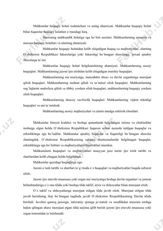 o`z huquqlari va majburiyatlari haqida axborot olish; jazoni ijro etuvchi muassasa yoki organ ma`muriyatiga boshqa davlat organlari va jamoat birlashmalariga o`z ona tilida yoki boshqa tilda taklif, ariza va shikoyatlar bilan murojaat etish; o`z taklif va shikoyatlariga murojaat etilgan tilda javob olish. murojaat etilgan tilda javob berishning iloji bo`lmagan taqdirda javob o`zbekiston respublikasining davlat tilida beriladi. javobni qamoq jazosiga, intizomiy qismga jo`natish va ozodlikdan maxrum etishga hukm qilingan shaxs murojaat etgan tilda tarjima qilib berish jazoni ijro etuvchi muassasa yoki organ tomonidan ta`minlanadi; tushuntirish berish hamda yozishmalar olib borish, zarur hollarda tarjimonning xizmatidan foydalanish; o`quv, badiiy yoki boshqa xil axborot materiallaridan foydalanish; sog`lig`ini saqlash, shu jumladan, tibbiy xulosaga ko`ra ambulatoriya-poliknika va statsionar sharoitda tibbiy yordam olish; ijtimoiy ta`minot, shu jumladan, qonun hujjatlariga muvofiq pensiyalar olish. mahkum ajnabiy fuqarolar, shuningdek, o`z davlatlarini diplomati, vakolatxonalari va konsullik muassasalari bilan o`zbekiston respublikasida diplomatiya va konsullik muassasalari bo`lmagan mamlakatlarning fuqarolari esa, ularning manfaatlarini himoya …