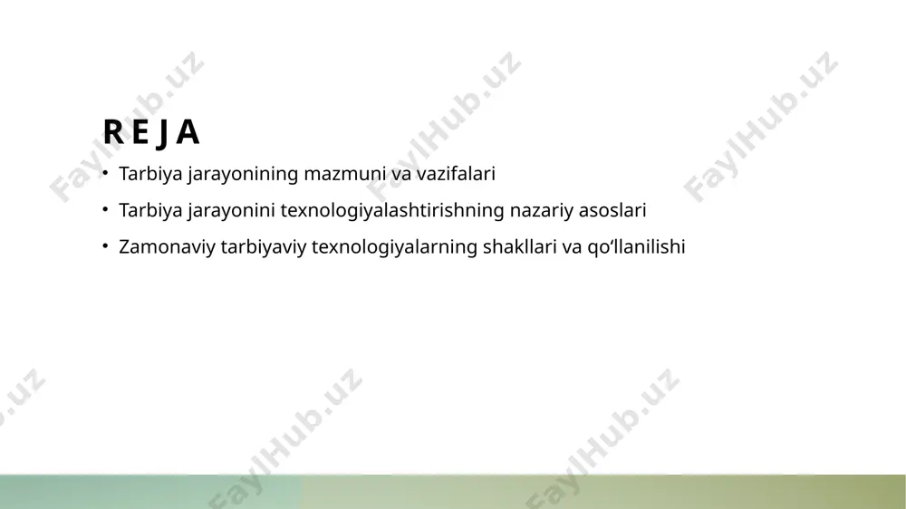 him rol o‘ynaydi, jamiyat barqarorligini ta'minlaydi. o'qitish va tarbiyalashning maqsadlari va vazifalarining aniqlanishi 1 maqsadlar aniqligi o'qitish va tarbiyalashning asosiy maqsadlari yoshlar uchun insoniylik, bilim va ko'nikmalarni rivojlantirish hamda jamiyatga moslashishni ta'minlashdir. bu jarayon shaxsiy va ijtimoiy rivojlanishni qo'llab-quvvatlaydi. 2 vazifalar belgilanishi har bir ta’lim bosqichi uchun aniq vazifalar belgilanishi muhim bo'lib, ular o'quvchilarning bilim darajasini oshirish, ehtiyojlariga mos yondashuvlarni ishlab chiqishga yordam beradi. 3 yondashuvlarning muhimligi maqsadlar va vazifalarni to'g'ri belgilash pedagogik yondashuvlar va texnologik asboblarning samarali qo'llanilishini ta'minlaydi, ta’lim sifatini oshiradi. tarbiya jarayonining individual va ijtimoiy rivojlanishga ta'siri 1 individuallik va rivojlanish tarbiya jarayoni shaxsning qobiliyatlari, intilishlari va maqsadlariga moslashib, uning muhitga moslashuvini va shaxsiy rivojlanishini ta'minlaydi. 2 jamiyatga ta'sir rivojlangan shaxslar jamiyatda faol ishtirok etadi, ijtimoiy muhitni yaxshilashda yordam beradi, shuningdek, madaniyat va qadriyatlarni rivojlantiradi. 3 o'zaro aloqalar tarbiya ijtimoiy ko'nikmalar, hamjihatlik va jamoaviy muhitni shakllantiradi, shaxslar orasidagi muloqot va hamkorlikni kuchaytiradi. tarbiya jarayonida pedagogik qadriyatlar va …