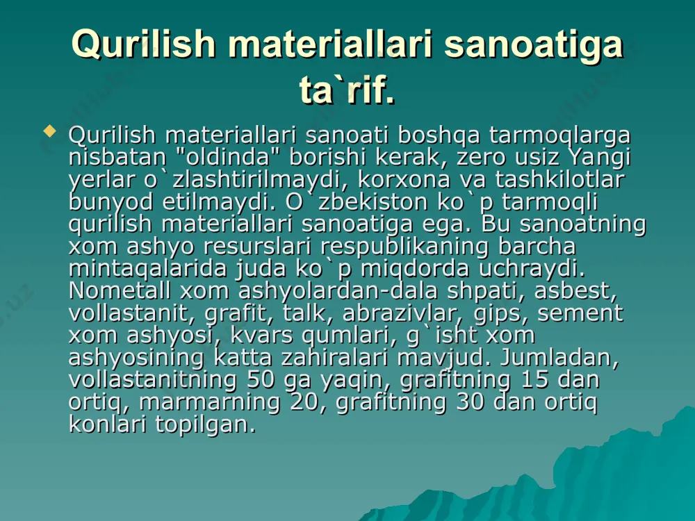 na zavodi ishlaydi. bu korxonalarda 212 mln. dona konserva shisha idishlari, 80 mln. dona butilka, 2 mln. m² dereza oynalari ishlab chiqariladi. qurilishni industriallashtirishda yig`ma temir-beton ishlab chiqarishni o`zlashtirish muhim ahamiyatga ega bo`ldi. yigma temir-betondan mahsulot ishlab chiqaridigan 300 ga yaqin zavod va kombinatlar ishlaydi. bu korxonalarda respublika qurilish materiallari sanoati yalpi mahsulotining deyarli 50 foizi ishlab chiqariladi. yog`ochsozlik sanoati ham qurilish industriyasining tarkibiy qismi bo`lib, uning sanoat korxonalari yog`ochsozlik yoki duradgorlik, uysozlik, asbobsozlik, aravasozlik, sandiqsozlik, o`ymakorlik singari juda ko`p tarmoqlardan tarkib topgan.