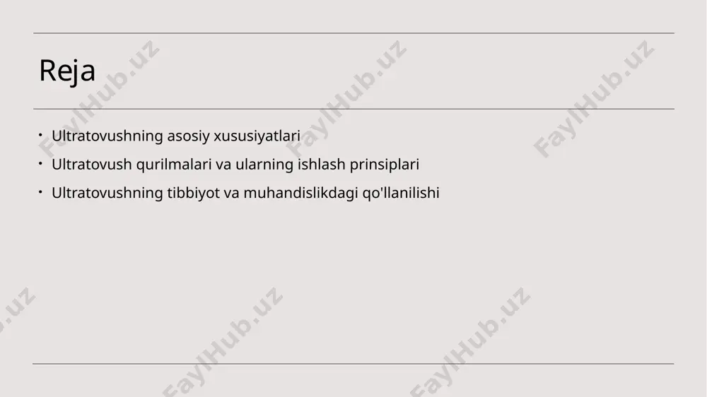 sullari ultratovush ta'sirini o'lchash uchun turli usullar mavjud. ular orasida ultratovushli tomografiya va akustik impulslar tahlili mavjud. tibbiyotdagi qo'llanilishi tibbiyotda ultratovush, masalan, ultratovushli tekshiruvlar va terapiya usullarida qo'llaniladi. bu usullar diagnostika va davolashda samarali hisoblanadi. ultratovush qurilmalarining asosiy turlari va ularning ishlash mexanizmlari. 1 ultrasonik skanerlash ultrasonik skanerlash qurilmalari, to'qimalar va organlar ichidagi tuzilmalarni aniqlash uchun akustik to'lqinlardan foydalanadi, xavfsiz va nozik usuldir. 2 ultrasonik to'lqinlar ultrasonik qurilmalar, yuqori chastotali akustik to'lqinlarni chiqaradi, bu to'lqinlar inson organizmiga kirib, to'qimalarni ko'rish imkonini beradi. 3 ultrasonik sensorlar ultrasonik sensorlar, masofani o'lchash va ob'ektlarni aniqlash uchun ishlatiladi, muhandislik va avtomatlashtirishda keng qo'llaniladi. ultratovushning inson organizmiga ta'siri va tibbiyotdagi qo'llanilishi. ultrasonik diagnostika ultrasonik diagnostika tibbiyotda kasalliklarni aniqlashda keng qo'llaniladi. u jarrohlik, kardiologiya va ginekologiyada muhim rol o'ynaydi. teriga ta'siri ultratovush inson terisi orqali o'z ichiga kirib, to'qimalar va organlar holatini aniqlashga yordam beradi. bu jarayon no'xat ko'rinishida amalga oshiriladi. tibbiyotda qo'llanilishi ultratovushning tibbiyotdagi qo'llanilishi, …