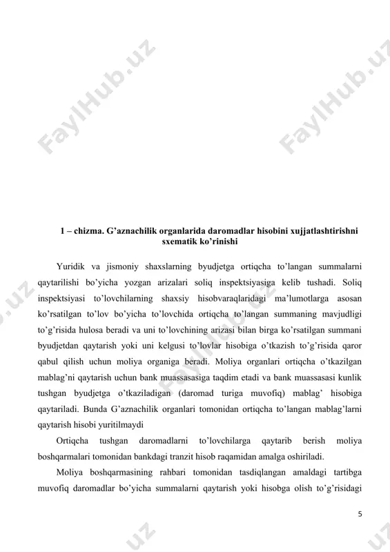 dim etadi va bank muassasasi kunlik tushgan byudjetga o’tkaziladigan (daromad turiga muvofiq) mablag’ hisobiga qaytariladi. bunda g’aznachilik organlari tomonidan ortiqcha to’langan mablag’larni qaytarish hisobi yuritilmaydi ortiqcha tushgan daromadlarni to’lovchilarga qaytarib berish moliya boshqarmalari tomonidan bankdagi tranzit hisob raqamidan amalga oshiriladi. moliya boshqarmasining rahbari tomonidan tasdiqlangan amaldagi tartibga muvofiq daromadlar bo’yicha summalarni qaytarish yoki hisobga olish to’g’risidagi hulosa ijro etilishi uchun moliya boshqarmasining bosh buxgalteriga taqdim etiladi. moliya boshqarmasining buxgalteriyasi hujjatlar to’g’ri rasmiylashtirilganligini tekshirgandan so’ng byudjet daromadiga ortiqcha o’tkazilgan summani qaytarish bo’yicha bankka taqdim etadi. 3. g’azna ijrosi sharoitida davlat byudjeti daromadlarini buxgalteriya hisobi hisobvaraqlari va hisob registrlarida aks ettirish moliya organlarida, g’aznachilik va uning xududiy bo’linmalarida byudjet daromadlari hisobi 04 "daromadlar" nomli hisobvaraqda yuritiladi. 040-sonli hisobvaraq “byudjet daromadlari” hisobot yili yakuni bo’yicha g’azna hisobvaraqlariga byudjet ijrosi natijalari daromadlariga tushumlar, berilgan va olingan daromadlar (dotatsiyalar, subventsiyalar) summalari, ko’chirmalar, qaytarish va o’tkazishlar bilan bog’liq operatsiyalar hisobi uchun mo’ljallangan. buxgalteriya o’tkazmalari matritsasi : …