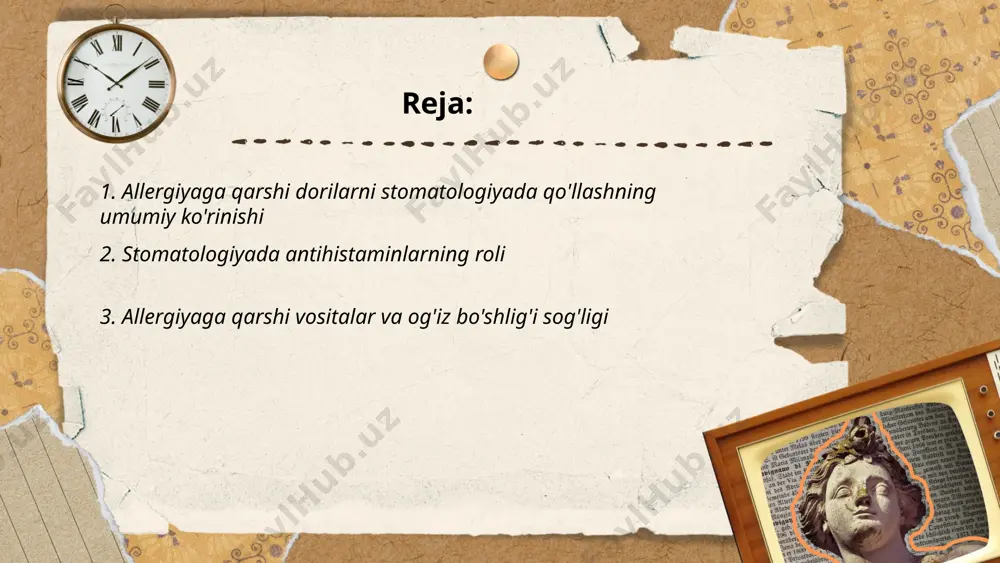 t allergiyaga qarshi vositalar odatda histamin reseptorlarini bloklaydigan vositalar bo'lib, burun oqishi, qichishish va burun bitishi kabi simptomlarni kamaytiradi. og'iz bo'shlig'i sog'lig'i uchun muntazam ravishda tish yuvish va tishlar orasini ip yordamida tozalash kerak. bu karyes va tish go'shti kasalliklarini oldini oladi. shuningdek, 6 oyda bir marta stomatologga borish tavsiya etiladi. o'smirlar va kattalar uchun kaltsiy va d vitamini qabul qilish tishlarning mustahkamligini oshiradi. allergiya bo'yicha dori vositalari, masalan, loratadin yoki cetirizin kabi, kuniga 1 tabletka qabul qilinadi. ... t.me/slaydai_bot 4. lokal anestetik va allergiya lokal anestetiklar og'riq sezgilarini vaqtinchalik bloklaydi va tibbiy amaliyotlarda keng qo'llaniladi. ular odatda xavfsiz bo'lsa-da, ba'zi odamlarda allergik reaksiyalar yuzaga kelishi mumkin. allergiya simptomlari teri toshmalari, qichishish, nafas qisilishi va hatto anafilaksiya kabilarni o'z ichiga oladi. tahlillar 0,5-1% bemorlarda allergik reaktsiyalar ehtimolini ko'rsatadi. aksariyat reaksiyalar metilparaben kabi konservantlarga yoki lidokain, prilokain kabi amid yoki ester turiga bog'liq. test sinovi allergiya xavfini aniqlashda foydali bo'lishi mumkin. …