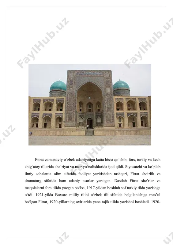 mekkaga haj safarini amalga oshirgan, bu davrda hindistonda bo‘lib, uyiga qaytish yo‘liga pul topish uchun sartaroshlik qilgan. abdurashidovga ko‘ra, fitrat o‘sha davrda allaqachon mijmar taxallusi bilan shoir sifatida tanilgan edi. shakuriy bilan bir qatorda xolid va allworth ham fitratning buxorodagi o‘qish joyi sifatida mir arab madrasasini tilga oladi. madrasa davrida fitrat o‘z ustozidan qadimgi yunon falsafasini ham o‘rgangan. fitrat o‘zining 1929-yilda nashr etilgan tarjimai holida buxoroni eng qorong‘u diniy markazlardan biri sifatida tasvirlaydi. u dindor musulmon bo‘lib, dastlab jadidlar islohoti harakatiga (usuli jadid “yangi usul”) qarshi bo‘lgan. fitratning o‘zi “yangi usul”da asosiy ta’limni olmagan. sadriddin ayniy fitratni o‘sha davrda buxoroning eng ziyoli va e’tiborga loyiq talabalari qatorida tanitadi, biroq u 1911-yilgacha buxorodan tashqarida deyarli noma’lum edi. abdurashidov fitratning buxorodagi birinchi jadidlar guruhi faoliyatida ishtirok etmaslik sababini amir abd al-ahadxonning qat’iy, liberalizmga qarshi rejimi bilan izohlaydi. abdurashidovning fikricha, fitrat taxminan 1909-yilda islohatchi g‘oyalarga qiziqish uyg‘otgan, va bu mehmet akif ersoyning “sirot-i …