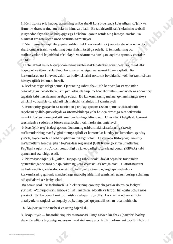 a qanday sharoitda va holatda kim tomonidan amalga oshirilishi koʻrsatiladi. dispozitsiyada gipotezada koʻrsatilgan hollardagi munosabatlar ishtirokchilarining huquq va majburiyatlari ifodalanadi. sanksiya dispozitsiyada koʻrsa-tilgan qoidani buzgan shaxsga nisbatan davlat organi qoʻllashi mumkin boʻlgan taʼsir chorasini belgilaydi. konstitutsiyaviy normalar 3 qismdan emas, asosan gipoteza va dispo-zitsiyadan iborat boʻladi. jinoiy va maʼmuriy javobgarlikni koʻzda tutuvchi normalar esa — asosan oraliq answers(qonunchilik) 4 dispozitsiya va sanksiyadan iborat boʻladi (mas, jinoyat va maʼmuriy javobgarlik toʻgʻrisidagi kodekslarning maxsus qismi normalari). 6. fuqarolik huquqida shaxslar va ularning turlari 6. fuqarolik huquqi quyidagilarni nazarda tutadi: fuqarolik huquqi (umumiy huquq), huquqning yuridik va jismoniy shaxslarga tegishli qismifuqarolik huquqi (huquqiy tizim) yoki qit'a huquqi, kontinental evropada paydo bo'lgan va rim huquqiga asoslangan huquqiy tizimxususiy huquq - xususiy shaxslar o'rtasidagi munosabatlarga tegishli fuqarolik-huquqiy tizimdagi huquq sohasimunitsipal huquq, xalqaro huquqdan farqli ravishda davlatning ichki huquqi. jismoniy shaxs (fuqarolik huquqida) — huquqiy munosabatlarning ishtirokchisi boʻlgan alohida fuqaro (chet el fuqarolari yoki fuqaroligi boʻlmagan …