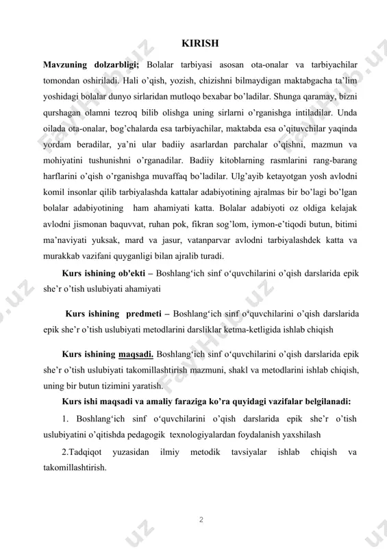 larini o’qish darslarida epik she’r o’tish uslubiyati takomillashtirish mazmuni, shakl va metodlarini ishlab chiqish, uning bir butun tizimini yaratish. kurs ishi maqsadi va amaliy faraziga ko’ra quyidagi vazifalar belgilanadi: 1. boshlangʻich sinf oʻquvchilarini o’qish darslarida epik she’r o’tish uslubiyatini o’qitishda pedagogik texnologiyalardan foydalanish yaxshilash 2.tadqiqot yuzasidan ilmiy metodik tavsiyalar ishlab chiqish va takomillashtirish. kurs ishining farazi. yurtimizda o’quvchi-yoshlar orasida boshlangʻich sinf darslarida boshlangʻich sinf oʻquvchilarini o’qish darslarida epik she’r o’tish uslubiyati texnikasini mukammallashrirish ,sifatini yaxshilash. kurs ishining asosiy metodi boshlangʻich sinf oʻquvchilarini o’qish darslarida epik she’r o’tish uslubiyati usullaridan, psixologik, pedagogik va joriy adabiyotlardan, amaldagi dasturlar, darsliklar va tadqiqot mazmuniga oid o‘quv qo‘llanmalar tahlilidan, pedagogik kuzatuv va tajribalar, suhbatlardan foydalandik. kurs ishining amaliy ahamiyati: - ishlab chiqilgan ilmiy pedagogik tavsiyalar boshlangʻich sinf darslarida o’qish darslarida epik she’r o’tish uslubiyati oʻrgatish samaradorligini oshirish imkoniga ega bo‘ladi. kurs ishining tarkibiy tuzilishi: kurs ishi kirish, 2 bob, 4 band, xulosa va foydalanilgan adabiyotlar …