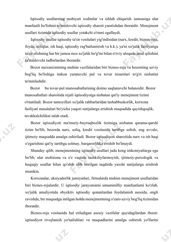 tizimidan iboratdir. biznes-reja vositasida hal etiladigan asosiy vazifalar quyidagilardan iborat: iqtisodiyot rivojlanish yo'nalishlari va maqsadlarini amalga oshirish yo'llarini ko'rsatish, iqtisodiyotning barqaror, mutanosib o'sishini ta'minlash, moddiy, mehnat va moliyaviy resurslarni tarmoqlar va ishlab chiqarishlar o'rtasida taqsimlash va qayta taqsimlash, fan-texnika taraqqiyoti yutuqlarini joriy etishni ta'minlash; tarmoqlararo integratsiva, tarmoq ichida ixtisoslashuv va sanoat kooperatsiyasini chuqurlashtirish, xo'jalik yurituvchi subyektlar faoliyatini łezkor tartibga solish va koordinatsiya qilish. biznes-reja korxona, aksiyadorlik jamiyati, konsernlar faoliyatining hamma tomonlarini: mahsulot ishlab chiqarish va sotish, moddiy-texnikaviy ta'minot va ishlab chiqarish fondlaridan foydalanish, mehnat va ish haqi, jamoada ijtimoiy jarayonlar va h.k.larni qamrab oladi. bozor munosabatlari sharoitida ularga rejalashtirish borasida keng huquqlar beriladi. 2. menejmentning tashkiliy farmoyish usuli xo'jalik tashkilotlarining ishlab chiqarishni boshqarish bo'yicha faoliyati menejmentning turli tashkiliy-farmoyish usullarini qo'llash bilan bog'liqdir. menejmentning tashkiliy-farmoyish usullari boshqaruvchi va boshqariluvchi tizimlar samarali faoliyat yuritushuni ta'minlovchi ta'sir etish tizimidan iboratdir. menejmentning tashkiliy-farmoyish usullari iqtisodiy usullarni to'ldirib, bozor iqtisodiyoti qonunlari, huquqiy aktlarni hisobga olish …