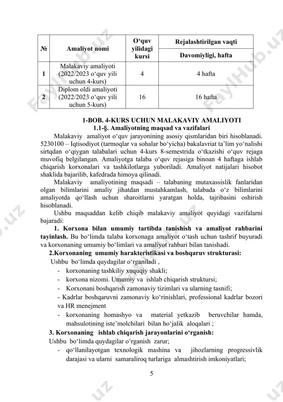 ashtirish imkoniyati; · korxonaning innovasion faoliyati; 4. korxona asosiy bo‘linmalari va ularning vazifalari ushbu bo‘limda quydagilarni o‘rganish lozim; ryeja – iqtisod bo‘limi bilan tanishish; - rejalashtirishning tamoyillari va usullari o’rganish; - ishlab chiqarish rejasini tuzib chiqish va tasdiqlashni tashkil etish; - rejalashtirishni takomillashtirishning asosiy yo‘nalishlari bilan tanishish; - biznes rejasi bilan tanishish, biznes reja uchun ma’lumotlarni o‘rganish; - natura va qiymat ko‘rinishidagi mahsulot ishlab chiqarish yillik va oylik rejalarini tuzish; - korxonaning normativ bazasi bilan tanishish; - narx belgilash maqsadlari va usullari bilan tanishish; mehnat va ish haqi bo‘limi bilan tanishish: - uning maqsadi, vazifalari; -klassifikator bo‘yicha shtat birliklarini tasniflashni o‘rganish; -razryadlar, rasenkalar, tarif setkasi xaqida ma’lumotlar bilan tanishish; -bo‘limlar bo‘yicha shtat birliklarini ish xaqlarini xisobini tashkil etishni o‘rganish; -mexnat normativlarini ishlab chiqarishni o‘rganish; -kadrlar malaka darajalari va malaka oshirish shakllari bilan tanishish; · ishchi yoki xodimning ish joyi va ish vaqtini xronometrajdan o‘tkazish asosida mehnat unumdorligini oshirish imkoniyatlarini aniqlash; …