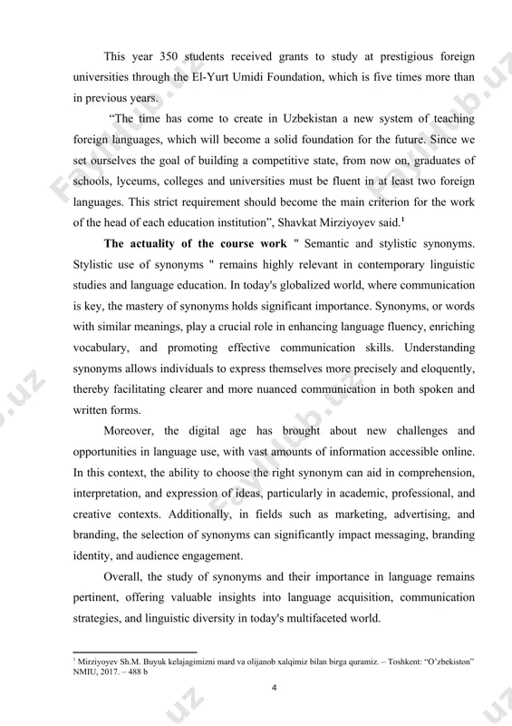 vely, navigate language barriers, and adapt their language usage to different contexts and audiences, ultimately enhancing their overall communication skills and professional success. the structure of the course work consists of introduction, main body, involving five or four sub parts, the conclusion and bibliography. main body 1. general definition of synonyms and their classification synonyms are words different in their outer aspects, but identical or similar in their inner aspects. in english there are a lot of synonyms, because there are many borrowings, e.g. hearty / native/ - cordial/ borrowing/. after a word is borrowed it undergoes desynonymization, because absolute synonyms are unnecessary for a language. however, there are some absolute synonyms in the language, which have exactly the same meaning and belong to the same style, e.g. to moan, to groan; homeland, motherland etc. in cases of desynonymization one of the absolute synonyms can specialize in its meaning and …