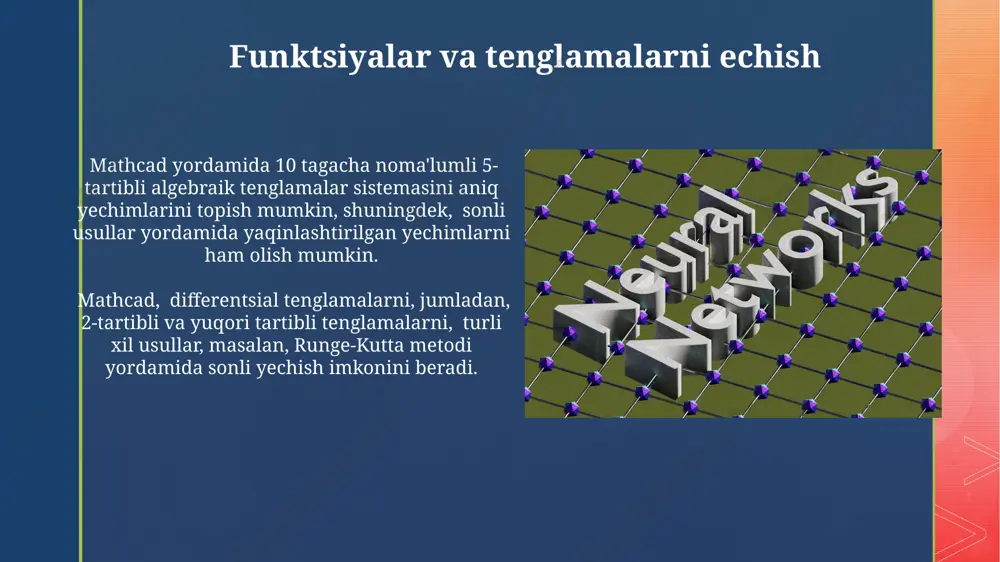 blash, shuningdek, vektorlarning skalyar ko'paytmasini hisoblash mumkin. vektorlar ustida amal bajarishda, masalan, ikkita 3-o'lchamli vektorning qo'shilishini yoki ayirishini va natijani ekranga chiqarishni soddalashtiradigan maxsus funksiyalar mavjud. mathcad interfeysi bilan tanishish mathcad interfeysi ikki o'lchovli, intuitiv muhitni taqdim etadi, bunda tenglamalar, matn va grafiklar bir-biriga bog'liq holda joylashtirilishi mumkin, bu esa 20 dan ortiq turdagi matematik funksiyalarni qo'llab-quvvatlaydi. mathcad'dagi asosiy elementlar — bu matematik ob'ektlar (tenglama, matritsa, grafik), ularning har biri o'ziga xos xususiyatlarga ega bo'lib, 3-5 ta asosiy tugmalar yordamida boshqarilishi mumkin. dasturlash elementlari mathcad dasturida yaratilgan hujjatlarga 50 tagacha turli xil formatda (pdf, docx, jpg va boshqalar) eksport qilish mumkin, bu esa natijalarni taqdim etishni ancha osonlashtiradi. mathcad’da 2d va 3d grafiklarni yaratish, ularni tahrirlash va xususiyatlarini (masalan, o'qlar, ranglar, chegaralar) 10 dan ortiq parametrlar yordamida sozlash imkoniyati mavjud. e'tiboringiz uchun rahmat @taqdimot_robot image4.jpg image5.jpg image6.jpg image7.jpg image8.jpg image9.jpg image10.jpg image11.jpg image12.jpg image13.jpg image14.jpg image15.jpg image2.png image3.png