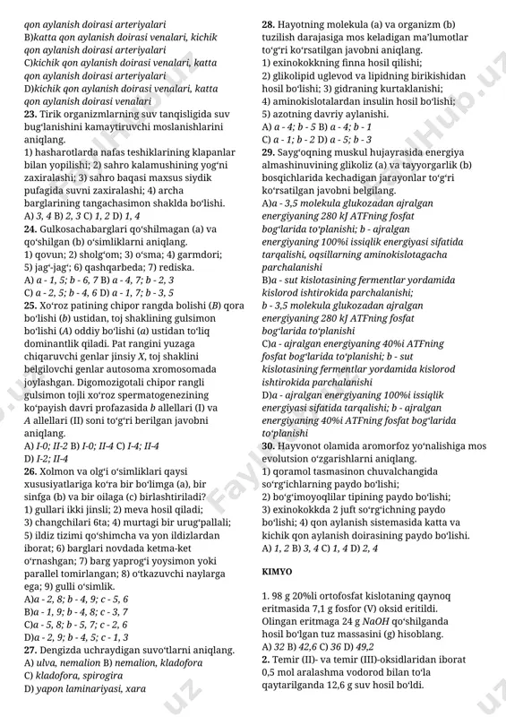 churrak c)a - tasqara; b - iguana d)a - sakkizoyoq; b - kalmar 17. to‘g‘ri fikrlar berilgan javobni aniqlang. 1) transmissibl plazmid asosiy xromosomadan mustaqil ravishda o‘z-o‘zini replikatsiya qiladi; 2) avtonom plazmidlar bir hujayradan ikkinchisiga hujayra qobig‘i va teshiklaridan o‘tadi; 3) endonukleaza zaharli toksin parchalovchi ferment sintezlovchi genetik tuzilma; 4) quyon zigotasiga o‘sish gormoni geni kiritilib, transgen quyon olingan. a) 3, 4 b) 2, 3 c) 1, 4 d) 2, 4 18. nazariy jihatdan na’matakda hosil bo‘lgan spermiylarning 30%i urug‘lantirishda ishtirok etdi. shu o‘simlikda 1080ta urug‘ hosil bo‘lgan bo‘lsa, jami mikrosporalarning hosil bo‘lishida ishtirok etgan boshlang‘ich diploid hujayralar sonini aniqlang. a) 860 b) 840 c) 900 d) 450 19. nuqtalar o‘rniga mos javoblarni tanlang. sayg‘oq muskul hujayrasida 3,5 molekula glukoza to‘liq parchalansa . . . . 1) aerob bosqichida 7 molekula sut kislota hosil bo‘ladi; 2) 5320 kj energiya atfning fosfat bog‘larida to‘planadi; 3) glikoliz bosqichida issiqlik energiyasi sifatida tarqalgan …