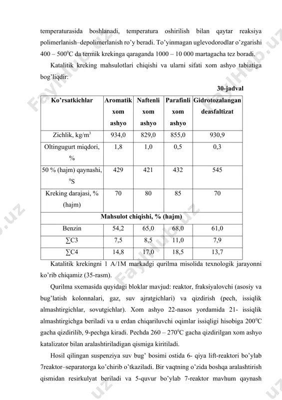 iriladigan qismiga kiritiladi. hosil qilingan suspenziya suv bug’ bosimi ostida 6- qiya lift-reaktori bo’ylab 7reaktor–separatorga ko’chirib o’tkaziladi. bir vaqtning o’zida boshqa aralashtirish qismidan resirkulyat beriladi va 5-quvur bo’ylab 7-reaktor mavhum qaynash katlamiga tushadi. kreking mahsulotlari (gazlar va bug’lar) ikki bosqichli siklonlar tizimidan o’tib, 13-rektifikatsion kolonna pastidan kiritiladi. kokslangan katalizator 7-reaktor bug’latish seksiyasidan 1- regeneratorga 3-liniya bo’ylab uzatiladi. katalizator yuzasidagi koksni kuydirish uchun havo berildi. qayta tiklangan katalizator 2 va 4-quvurlar bo’ylab xom ashyo va resirkulyatni aralashtirish qismiga tushiriladi. regenerasiya gazlari regeneratordan so’ng ikki bosqichli siklonlaridan o’tib, jihoz yuqorisidan chiqariladi. kreking mahsulotlari 13-kolonnada gaz, benzin bug’lari va suv bug’i kolonna yuqorisidan chiqarilib, 18-havoli sovitkichndan o’tib, 19-gaz suv ajratgichga tushadi. ajratilgan benzinni bir qismi 20-nasos yordamida 13- kolonna yuqori qismiga to’yintirish uchun qaytariladi, uning kolgan qismi barqarorlashtirish blokiga, gaz esa fraksiyalash seksiyasiga jo’natiladi. yengil va og’ir gazoyllar 14-bug’latish kolonnalaridan chiqariladi. og’ir gazoyl 13kolonna pastidan 11-nasos yordamida 8-sovitgich orqali «to’yintirish» uchun qaytariladi. bu …