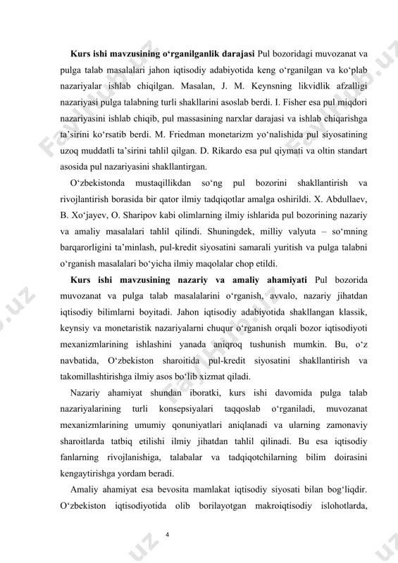 byekti o‘zbekiston respublikasida shakllanayotgan pul bozori hamda unda pulga talabning holati va rivojlanish jarayonlari tanlangan. kurs ishi mavzusining predmeti– o‘zbekiston pul bozorida muvozanat jarayonlari, pulga talab nazariyalari, unga ta’sir etuvchi omillar hamda pul bozorini tartibga solish mexanizmlaridir. kurs ishi mavzusining maqsadi – o‘zbekiston pul bozorida muvozanat shakllanishining nazariy asoslarini o‘rganish, pulga talabga ta’sir etuvchi omillarni tahlil qilish hamda markaziy bankning pul bozoridagi muvozanatni ta’minlashdagi o‘rnini aniqlashdan iborat. kurs ishi mavzusining vazifalari · belgilangan maqsadga erishish uchun kurs ishida quyidagi vazifalar amalga oshiriladi: · pul bozorining mohiyatini va funksiyalarini o‘rganish; · pulga talab nazariyalarini tahlil qilish; · pul bozorida muvozanat shakllanish mexanizmlarini aniqlash; · o‘zbekistonda pul bozorining rivojlanish xususiyatlarini yoritish; · pulga talabga ta’sir etuvchi ichki va tashqi omillarni o‘rganish; · markaziy bankning pul bozorida muvozanatni ta’minlashdagi siyosatini tahlil qilish. kurs ishi mavzusining tuzilishi kurs ishi kirish, ikki bob, xulosa va foydalanilgan adabiyotlardan iborat. birinchi bobda pul bozorida muvozanat va pulga …