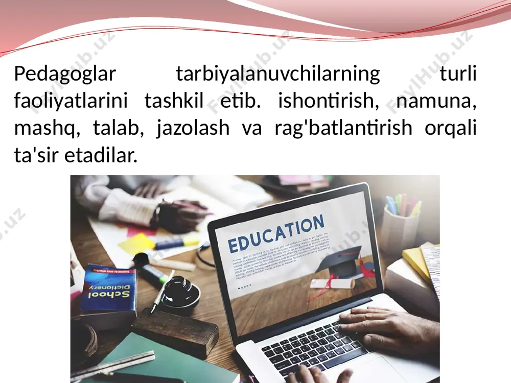 ti, ishlab chiqarish uchun dastlabki material, to'rtinchidan, pedagogikada ta’lim-tarbiya jarayonida qo‘llaniladigan mehnat qurollari, narsa va predmetlar yig'indisi. 5. tarbiya shakllari. ta'limni tashkd etish shakli muammosi tarbiya jarayonini tashkil etish shakliga nisbatan ko’p o'rganilgan soha hisoblanadi. tarbiyaviy ishlarni tashkil etishda tarbiyachi tomonidan quyidagilarga e'tibor berilishi maqsadga muvofiq: - tadbirning nomlanishini, vazifalarini, shaklini aniqlash; - mazmun bo’yicha materiallarni to'plash; - ish ketma-ketligini rejalashtirish; - ishtirokchilarni tayyorlash; - tadbirni o'tkazish; - tahlil va o'z-o'zini tahlil qilish. 1. tarbiya shakllari, metodlari vositalari o'rtasida qanday aloqadorliklar mavjud? 2. tarbiya metodlari, vositalari, shakllari klassifikatsiyalarini izohlang. 3. tarbiyaning asosiy metodlarini tavsiflang. 4. tarbiya vositalarini izohlang. mustahkamlash uchun savollar: e’tiboringiz uchun rahmat! image2.jpg image3.jpeg image4.jpeg image5.jpeg image6.png image7.jpeg image8.png /docprops/thumbnail.jpeg