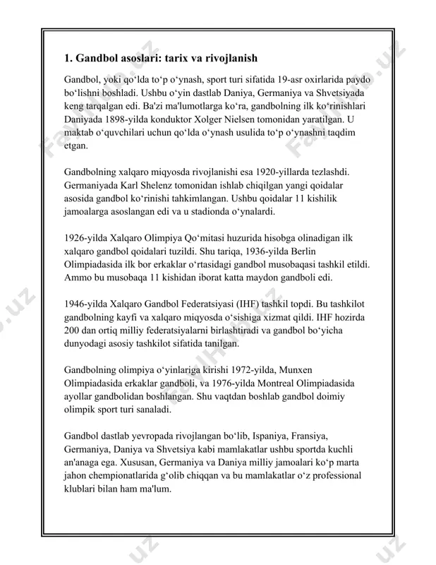 ig‘i)**: darvoza chizig‘idan 7 metr uzoqlikda joylashgan, o‘rtada sayoz yarim davra sifatida chizilgan chiziqdir. bu chiziqdan jazo zarbalari bajariladi. 5. **frik chiziqlar**: 9 metr masofada, darvoza chiziqlaridan boshlanadigan qisimli yarim davra chiziq chizilgan bo‘lib, bu chiziqdan erkin zarbalar amalga oshiriladi. ushbu chiziq 3 metrli chizmali segmentlardan iborat. 6. **qirg‘oq chiziqlari**: maydonni atrofidan o‘rab turuvchi chiziqlar qismlariga aytiladi. bular orqa va yon chiziqlardan iborat. 7. **darvozalar**: gandbol maydoni ikki uchida joylashgan darvozalar o‘lchami bo‘yicha 3 metr kenglik va 2 metr balandlikda bo‘ladi. har bir darvoza maydonchalari maxsus tarzda tayyorlangan bo‘lib, darvoza oldidagi joy 6 metrli radiusga ega yarim doira bo‘ylab bo‘yalgan. 8. **o‘yindan chiqish chiziqlari**: bu chiziqlar maydonning yonlarida, xalqaro musobaqalarda ayni vaqtda e'tiborga loyiq darajada bo‘lgan holatlarda qo‘llaniladi. ularning o‘lchovlari 1,5 metr oralig‘ida joylashadi. 9. **boshqa belgilar**: maydondagi turli belgilar unga o‘yin tartibini, jamoalarning pozitsiyasi va boshqa qoidalarni aniqlashga yordam beradi. ular orasida to‘plar joylashuvi, jamoa zaxiralari uchun joy va …