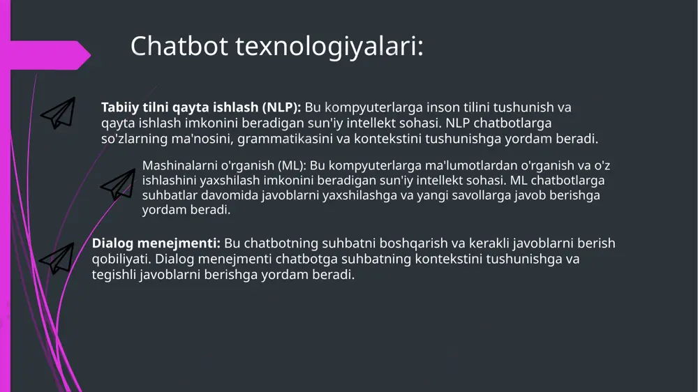 i va boshqa iot (internet of things) qurilmalarini boshqarish uchun ishlatila boshlandi. bugungi kun: virtual yordamchilar sun'iy intellekt, mashinalarni o'rganish va tabiiy tilni qayta ishlash texnologiyalari yordamida doimiy ravishda takomillashib bormoqda. ular turli xil qurilmalarda, jumladan smartfonlar, smart-kolonkalar, kompyuterlar, avtomobillar va boshqalarda mavjud. qo'llanilish sohalari: shaxsiy yordamchi: virtual yordamchilar savollarga javob berish, eslatmalarni o'rnatish, musiqani ijro etish, qo'ng'iroqlarni amalga oshirish, xabarlarni yuborish va aqlli uy qurilmalarini boshqarish uchun ishlatiladi. biznes: virtual yordamchilar uchrashuvlarni rejalashtirish, elektron pochtalarni boshqarish, ma'lumotlarni qidirish va hisobotlarni yaratish uchun ishlatiladi. sog'liqni saqlash: virtual yordamchilar bemorlarga dori-darmonlarni eslatish, uchrashuvlarni rejalashtirish va sog'liqni saqlash bo'yicha maslahatlar berish uchun ishlatiladi. ta'lim: virtual yordamchilar talabalarga savollarga javob berish, topshiriqlarni bajarish va yangi narsalarni o'rganish uchun ishlatiladi. chatbot va va afzalliklari xususiyat chatbotlar virtual yordamchilar asosiy maqsadi mijozlarga xizmat, savollarga javob berish shaxsiy yordam, vazifalarni avtomatlashtirish ishlash vaqti 24/7 odatda, lekin ba'zilari cheklangan o'ziga xosligi ko'p hollarda standart savollarga javob beradi …