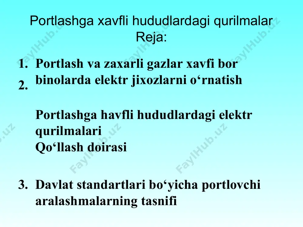nganda, barqaror yonish sodir bo„ladigan tezlikda bug„lar yoki gazlar chiqaradigan yonadigan moddaning harorati. 7.3.9. o„z-o„zidan alanga olish harorati – yakuni olovli yonish bilan tugaydigan birdaniga ekzotermik reaktsiyalarning keskin oshishi sodir bo„ladigan yonadigan moddaning eng past harorati. 7.3.10. tutab yonish harorati - yakuni tutab yonish bilan tugaydigan birdaniga ekzotermik reaktsiyalarning keskin oshishi sodir bo„ladigan yonadigan moddaning (materiallarning, aralashmalarning) eng past harorati. 7.3.11. tez yonuvchan suyuqlik (bundan buyon matnda lvj deb ataladi) - bu alanga manbai chiqarib olingandan so„ng o„z-o„zidan yonib ketadigan va chaqnash xarorati 61°c dan oshmaydigan suyuqlikdir. portlovchi suyuqliklarga, ularning chaqnash xarorati 61°c dan oshmaydigan va 20°c haroratdagi bug„ bosimi 100 kpa dan kam bo„lmagan (taxminan 1 atm) lvjlar kiradi. 7.3.8. alanga olish harorati - alanga manbaidan yonganda, barqaror yonish sodir bo„ladigan tezlikda bug„lar yoki gazlar chiqaradigan yonadigan moddaning harorati. 7.3.9. o„z-o„zidan alanga olish harorati – yakuni olovli yonish bilan tugaydigan birdaniga ekzotermik reaktsiyalarning keskin oshishi sodir bo„ladigan yonadigan moddaning …