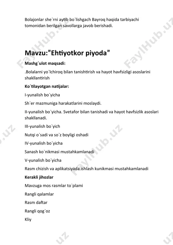 vtomabillar va piyodalar harakatini tartibga soluvchi predmit bu-svetafor hisoblanadi. svetaforlar avtomabillar va piyodalar qatnovi tirband bo`lgan ko`chalarga o`rnatiladi. yo`lchiroqning uchta chirog`i bo`lib 1-qizil rang, 2-sariq,3-yashil rangdir. svetafor oldidagi yo`lga chizilgan zebra ya`ni oq va qora chiziqdan odamlar harakatlanadi. sariq chiroq yonsa odamlar tezroq o`tadi, mashinalar esa tayyorlanadi. yashil chiroq yonsa odamlar to`xtaydi, mashinalar tayyorlanadi. yo`lchiroqning yashl chirog`i yonsa odamlar to`xtaydi mashinalar harakatlanadi.shu tariqa avtomabillar qatnovi yo`lda tartib bilan qatnaydi. bolalar svetafor yonidagi chiziqlardan o`tishi kerak. boshqa joydan mashinalar oldini kesib o`tish mumkin emas, bu hayot uchun havfli hisoblanadi. bolalar ko`chadan o`tayotganda juda ehtiyot bo`lishi lozim hamda bolalar kattalar bilan ko`chadan o`tishi shart. qani kim menga aytadi qizilchiroqning vazifasi nima ekan? bolalar: qizil chiroq avtomabillar harakatini taqiqlaydi. tarbiyachi:yaxshi unday bo`lsa sariq chiroqning vazifasi nima bolalar:sariq chiroq harakatga tayyorlanish ma`nosini anglatadi. tarbiyachi:kim aytadi yashil chiroq yonsa avtomabillar nima qilishi kerak. bolalar: yashil chiroq yonsa avtomabillar harakatlanadi. tarbiyachi: rahmat bolajonlar mashg`ulotni yaxshi o`zlashtirdingiz …
