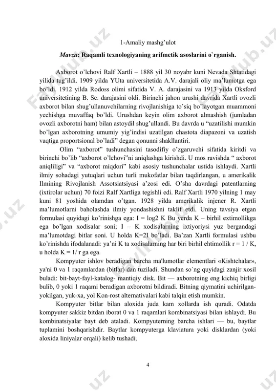 ismi boshqa sanoq sistemasiga o'tkazilib, hosil qilingan natijalar ulanadi. masalan: ikkilik (0, 1 raqamlardan foydalaniladi); sakkizlik (0, 1, ..., 7 raqamlardan foydalaniladi); o’n oltilik (o’n oltida raqamdan foydalaniladi bular: 0, 1, ..., 9 raqamlar va keyingi o’nda to o’nbeshgacha bo’lgan raqamlar esa alfavet xarflaridan foydalaniladi: a, b, c, d, e, f). pozitsiyali va pozitsiyali bo'lmagan sanoq sistemalari sanoq sistemalarida qo'llaniladigan qoidalar turlicha bo'lsada, ular bir xil tamoyil asosida qurilgan. mazkur tamoyilga ko'ra ixtiyoriy n sonini r asosli sanoq sistemada quyidagicha ifodalash mumkin: n = akpk + ak-1pk-1 + ... + a1 p1 + ao p0 bu yerda: ak , ak-1 ,.., a0 - berilgan sonni tashkil etuvchi raqamlar; k - sondagi raqamlar sonidan bitta kam miqdor (chunki birinchi raz-ryad 0 (nul) dan boshlangan). masalan, o'nlik sanoq sistemasidagi 98327 sonida 7 raqami birlikni, 2 raqami o'nlikni, 3 raqami yuzlikni, 8 raqami minglikni, 9 raqami o'n minglikni ifodalaydi. yuqoridagi ifodaga ko'ra ao …