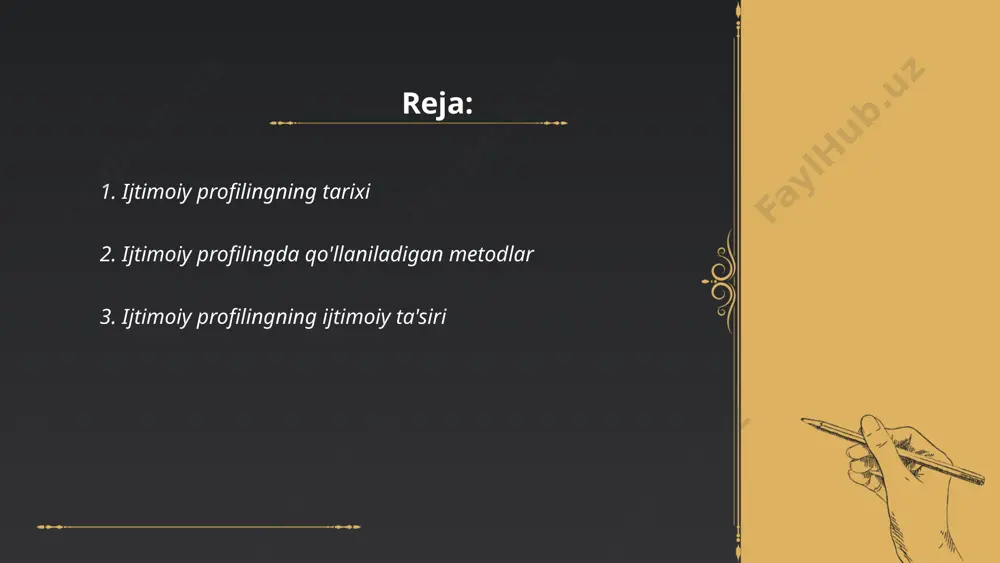 rognoz qilishda yordam beradi, ayniqsa murakkab qaror qabul qilish jarayonlarida. "social network analysis" esa ijtimoiy tarmoqlarda foydalanuvchilar o'rtasidagi munosabatlarni aniqlash uchun ishlatiladi. ushbu metodlar ijtimoiy profilingga oid ma'lumotlarni yanada aniqroq va samaraliroq tahlil qilishga yordam beradi. ... t.me/slaydai_bot ijtimoiy profiling ijtimoiy ta'sirda sezilarli rol o'ynaydi. 2021-yilda olib borilgan tadqiqotlar ijtimoiy profiling turli sohalarda, jumladan, ta'lim va ish joylarida noto'g'ri qarorlarni qabul qilishga olib kelishini ko'rsatdi. tadqiqotga ko'ra, ijtimoiy profiling tufayli aksariyat guruhlar o'rtasidagi ijtimoiy ishonch 30% ga pasaygan va jamiyatdagi tenglik masalalari 40% ga o'sgan. ma'lumotlar ijtimoiy profiling nishonga olingan shaxslar o'rtasida ijtimoiy aloqalar ham 25% ga qisqarishini ko'rsatadi. bunday profiling ijtimoiy ixtiloflarni oshirishi va adolatsizlikni shakllantirishi mumkin. ... t.me/slaydai_bot 4. ijtimoiy profiling va shaxsiy ma'lumotlar himoyasi ijtimoiy profiling va shaxsiy ma'lumotlar himoyasi zamonaviy axborot texnologiyalari davrida dolzarb masalalardan biridir. bugungi kunda ijtimoiy tarmoqlar va onlayn platformalar orqali turli foydalanuvchilar haqidagi ma'lumotlar yig'iladi va tahlil qilinadi. ibm tadqiqotlariga ko'ra, har …