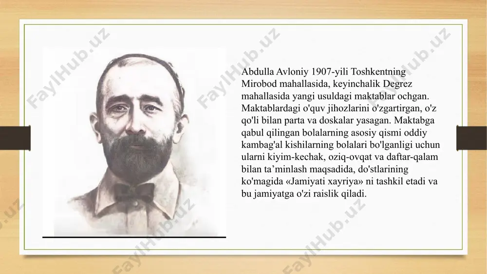 vloniy yangi adabiyot dasturi asosida 1933-yili o'zbek maktablarining vii sinflari uchun «adabiyot xrestomatiyasi» tuzdi. . bundan tashqari “maktab gulistoni”, “birinchi muallim” – 1909-yilda nashr qilingan. bu – o‘quvchilar uchun yozilgan ilk darsliklaridan biri. “ikkinchi muallim” – 1912-yilda nashr etilgan. bu kitobda ham axloqiy, ma’naviy tarbiya masalalari yoritilgan. “turkiy guliston yoxud axloq” – 1913-yilda toshkentda chop etilgan. bu eng mashhur asari bo‘lib, maktab va madrasalarda darslik sifatida ishlatilgan. “adabiyot yoxud milliy she’rlar” – 1915-yilda nashr qilingan. bu asar o‘quvchilarni milliy adabiyot bilan tanishtirishga xizmat qilgan. va yana quyidagi she’rlari ham katta tarbiyaviy ahamiyatga ega bo’lib, o’quvchilarga o’rgatilgan. “bahor keldi”, “bulbul”, “yolg’onchi cho’pon”, “tulki ila qarg’a” . abdulla avloniyning mehnati taqdirlanib, unga o'zbek madaniyati va adabiyotini yuksaltirishda, xodimlar tayyorlashda, uzoq yillik halol mehnati uchun 1925-yili «mehnat qahramoni» unvoni, 1930-yili ilmiy ishlari va asarlari uchun «o'zbekiston maorifi zarbdori» unvoni berildi. abdulla avloniy 1934-yilning 25-avgustida toshkentda vafot etgan. e’tiboringiz uchun rahmat image7.jpeg image8.jpeg image9.jpeg …