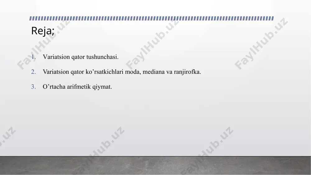deb ataladi. variatsion qatorni tashkil etuvchi kuzatuv holatlarining umumiy soni n harfi bilan belgilanadi. o'rganilayotgan belgilarning ma'nosidagi farq o'zgaruvchanlik deb ataladi. agar o'zgaruvchan belgi miqdoriy ko'rsatkichga ega bo'lmasa, o'zgaruvchanlik sifat deb ataladi va tarqalish qatori atributivdir (masalan, kasallikning natijasiga ko'ra, salomatlik holatiga ko'ra taqsimlanishi va boshqalar). agar o'zgaruvchan xususiyat miqdoriy ifodaga ega bo'lsa, bunday o'zgarish miqdoriy, taqsimot qatori esa variatsion deyiladi. oddiy variatsiya qatorida oddiy arifmetik o'rtacha quyidagi formula yordamida hisoblanadi: bu erda v - variantning raqamli qiymatlari, n - kuzatishlar soni, odatiy o'zgaruvchanlik qatorida o'rtacha arifmetik qiymat quyidagi formula bo'yicha hisoblanadi: bu erda v -variantning raqamli qiymatlari, p -variantning paydo bo'lish chastotasi, n - kuzatishlar soni variatsion qator ko’rsatkichlari mediana. mediana - variatsiya qatorini yarmiga bo'luvchi variatsiya qiymati: uning har ikki tomonida teng miqdordagi variatsiyalar mavjud. median, o'rtacha arifmetik va rejim kabi, o'rtachalarga ishora qiladi. sifatida belgilangan va md bilan belgilanadi. misol uchun: 1 2 3 5 6 11 …