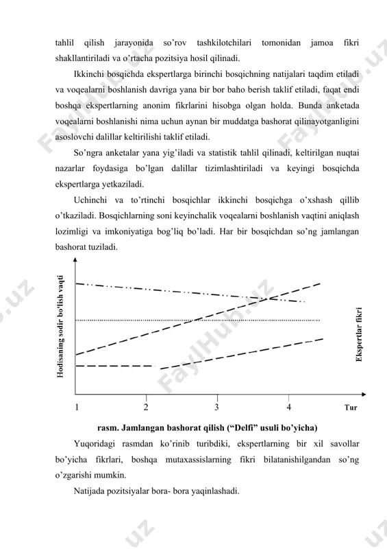 ogohlantirish muddati deyiladi. bashorat qilish tajribasi shuni ko’rsatadiki, bashorat - uni tuzish uchun ishlatilayotgan statistik bazadan kamida 3 marta kichik bo’lishi kerak. agar bashoratning o’rtacha nisbiy xatoligi 10% dan ko’p bo’lmasa uning aniqligi yuqori hisoblanadi, agar 10-30% bo’lsa –yaxshi, 30-50%-qoniqarli, 50% dan yuqori bo’lsa qoniqarsiz hisoblanadi. oddiy standart funksiyalarni tanlash usuli - o’tayotgan o’zgarishlar tahlili va ularning oddiy algebrayik funksiyalar bilan solishtirilishiga asoslangan. masalan, y ko’rsatgichning o’zgarishiga bashorat berishimiz kerak. bunda bashoratdan oldingi davrda y qanday o’zgarganligini ko’rsatuvchi qator ma’lumotlar bor. (rasm) rasm. t ko’rsatkichiga mos ravishda y ko’rsatkichini o’zgarishi avvaldan olingan ma’lumotlar natijalari regression tahlil qilinadi. bu regressiya tenglamasini tuzishga yordam beradi. bizning holatda y quyidagi ko’rsatkichga ega bo’ladi y=a+bt. regressiya tenglamasidan foydalangan holda regressiyaning nazariy chizig’i chiziladi. keltirilgan tenglama uchun u quyidagi ko’rinishga ega (rasm). rasm. t bo’yicha y o’zgarishining regressiya tenglamasi shundan keyin regressiya koeffitsenti aniqlanadi. u t ning birbirligida y ni qanday o’zgarishini ko’rsatadi. shunday qilib …