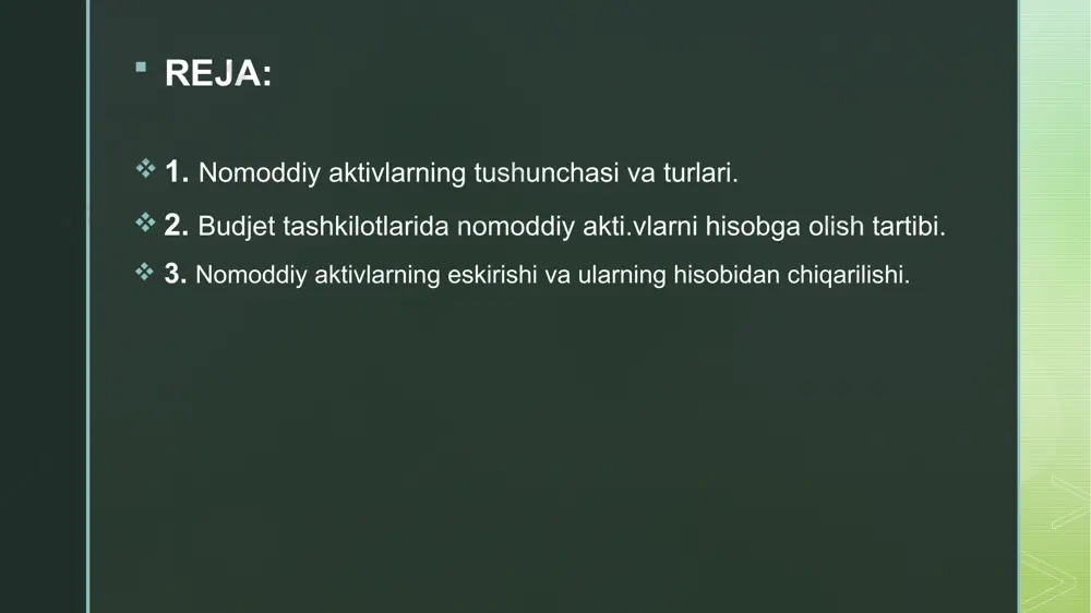 aks ettiriladi va har bir nomoddiy aktivga inventar raqami biriktiriladi. shuningdek, ularni hisobdan chiqarish yoki boshqa tashkilotga berish uchun tegishli hujjatlar rasmiylashtiriladi. budjet tashkilotlarida nomoddiy aktivlarni hisobga olishda ularning kelib chiqish manbai va foydali xizmat muddati muhim ahamiyatga ega. agar aktiv sotib olingan bo‘lsa, uning narxi xarid qilish va foydalanishga tayyorlash bilan bog‘liq barcha xarajatlarni o‘z ichiga oladi. agar aktiv ichki imkoniyatlar bilan yaratilgan bo‘lsa, unga ketgan mehnat haqi, materiallar va boshqa xarajatlar umumlashtiriladi. hisobga olish davlat byudjeti buxgalteriya hisobi to‘g‘risidagi nizom va tegishli standartlarga muvofiq yuritiladi. har bir nomoddiy aktiv tegishli klassifikatsiya kodi asosida buxgalteriya hisobining aniq bo‘limida qayd etiladi. yil davomida ularning qiymati amortizatsiya yo‘li bilan kamaytirilib boriladi va bu amortizatsiya xarajatlariga o‘tkaziladi. shu bilan birga, hisobot davrida aktivlardan foydalanish holati, texnik va huquqiy maqomi qayta ko‘rib chiqiladi. budjet tashkilotlarida nomoddiy aktivlar hisobini yuritishda ularning har bir turi uchun alohida hisob kartochkalari ochiladi va u yerda aktivning nomi, …