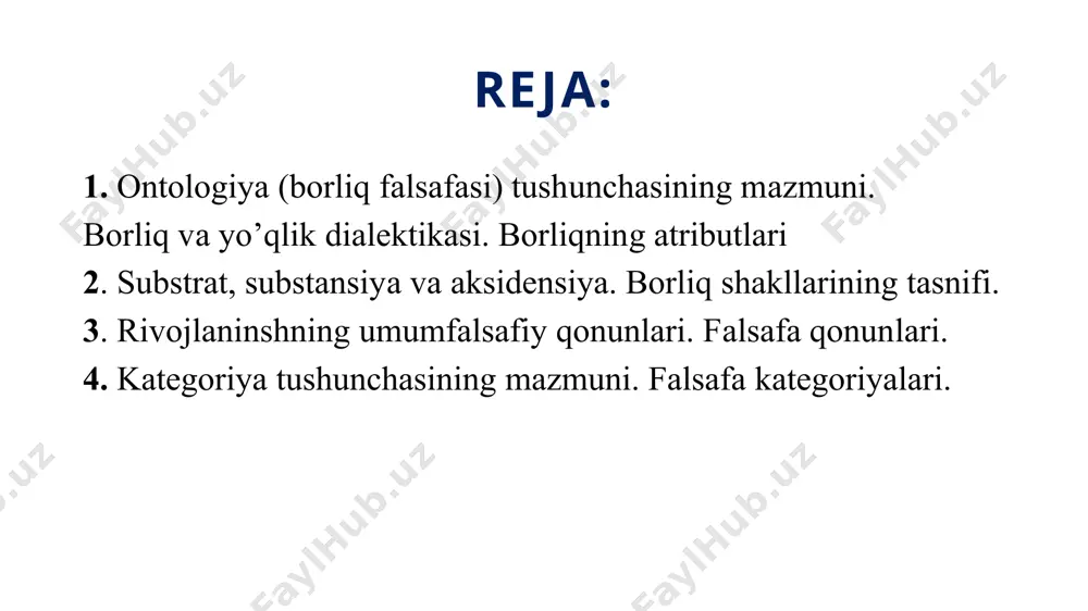 chi sabab uning natijasi bo‘lgan xilma xil jarayonlarning mohiyatiga bog‘liq bo‘la olmaydi substansiyaning o‘ziga xos xususiyatlari o‘z-o‘zining sababchisi hisoblanadi, uni yaratib va yo‘q qilib bo‘lmaydi hech narsaga bog‘liq bo‘lmagan, barqaror, o‘zgarmas va mutlaq birinchi negizni ifodalaydi birinchi negizning yagonaligini nazarda tutadi mohiyat va mavjudlikning birligini ko‘rsatadi barcha hodisalarning umumiy sababiy bog‘liqligini o‘z ichiga oladi o‘z-o‘zini belgilash universallik yagonalik yaxlitlik kauzallik moddiy nomoddiy borliqning namoyon bo‘lishi tabiat borlig‘i jamiyat borlig‘i inson borlig‘i obyektivlashgan individuallashgan asl tabiiy borliq inson tomonidan yaratilgan tabiiy borliq virtual borliq turli falsafiy ta’limotlarda dunyoning birligi va uning kelib chiqishiga nisbatan yondashuvlar monizm- «monizm» (yunon. monos – bitta, yagona) dunyo narsalar va hodisalar rang-barangligi bir substansiyadan iborat. dualizm. (lot. dualis – ikki yoqlama) birinchi asos sifatida ikkita substansiya olingan falsafiy yondashuv (dekart) plyuralizm «plyuralizm» (lot. – ko‘plik, ko‘p xillik, ko‘p sonlik) dunyoning negizida ikkita emas, balki undan ko‘proq mohiyat borligini tan oluvchi ta’limot.(leybnes monadalari) materialistik monizm monizm-dunyo yagona …
