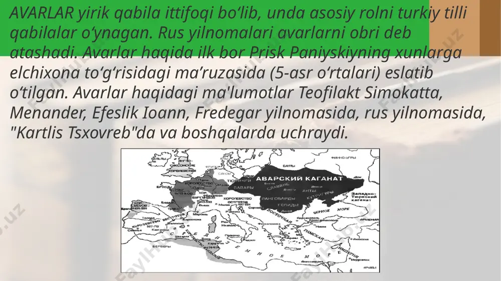 nnoniyadagi avar xoqonligi tasarrufidagi yerlar hududi qisqargan. 8-asr 90-yillarida avar xoqonligi buyuk karl boshchiligidagi franklar tomonidan uzil-kesil tugatilgan. buyuk karl 774 yilda o’z mamlakatining qo’shni hududi hisoblangan lombardlarni zabt etib, so’ngra avarlarga tomon yurish qiladi. ammo, buyuk karl sakslar qo'zg’oloni bilan kurashish uchun mazkur yurishini to'xtatishga majbur bo’ladi. mudofaani kuchaytirish va safarbar qilish uchun bu qulay fursatdan foydalanish o’rniga, avarlar o’zaro kurashga zo’r berdilar. ushbu mojaro nihoyat milodiy 794 yilda ochiq fuqarolar urushiga aylanib ketadi va bu urushda ikkala tomon yetakchilari ham halok bo’ladilar. avar imperiyasi 796-yilda rasman tugatildi va oʻsha kundan e’tiboran avarlar franklar hukmronligi ostiga tushadi. avarlar milodiy 799-yilda qoʻzgʻolon koʻtaradilar, ammo milodiy 802/803-yillarda franklar tomonidan tor-mor etildi. shundan so’ng avarlar boshqa xalqlar bilan qoʻshilib ketadi. cho'llarda yashovchi avarlar mo'g'ullar va sarmatlarnikiga o'xshash taktikalardan foydalanganlar . ko'pincha otliqlarning hujumi, urish va yugurish - otda kamondan otish va qo'l jangidan qochish - ko'pincha ishlatilgan. ishonchli manbalardan bilamizki, ular janglarda …