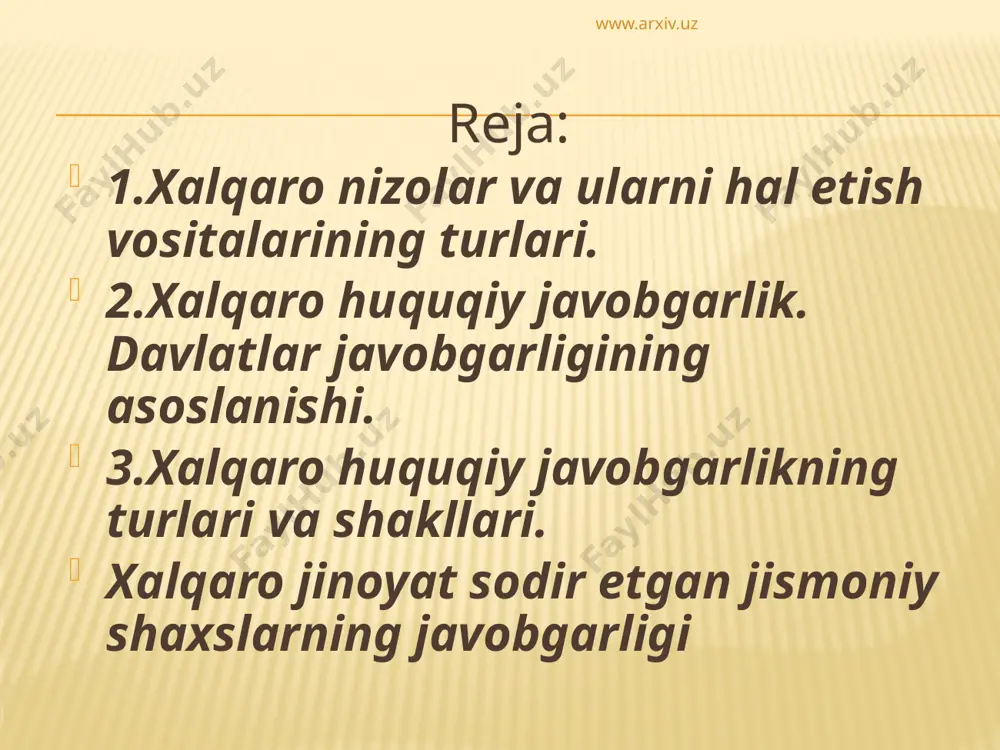 y javobgarlik — huquqbuzarlik subektining xalqaro huquqni boshqa subektiga yetkazgan zarari oqibatlarini bartaraf qilish bo‘yicha yuridik majburiyatlaridir. xalqaro huquqbuzarlik xalqaro qilmishlarga va xalqaro jinoyatlarga bo‘linadi. xalqaro jinoyatlarga xalqaro huquqning umum e’tirof etilgan tamoyillari va meyorlarini buzadigan, shuning uchun butun jahon hamjamiyati tizimiga salbiy ta’sir ko‘rsatadigan alohida xavfli qilmishlar kiradi. www.arxiv.uz javobgarlik masalalarini tartibga soluvchi meyorlar asosan xalqaro shartnomalarda o‘z aksini topgan, shuningdek, bmt va boshqa xalqaro tashkilotlarning rezolyutsiyalarida tasdiqlangan. xalqaro huquqda xalqaro javobgarlik deganda huquq meyorlaridan kelib chiqadigan subektiv majburiyatlarini buzgan, ya’ni xalqaro huquqqa xilof hatti-harakat sodir etgan subekt uchun noqulay salbiy yuridik oqibatlar tushuniladi. www.arxiv.uz xalqaro huquqqa xilof qilmish ikki toifaga, ya’ni: xalqaro huquqbuzarlik va davlatlarning xalqaro jinoyatlariga bo‘linadi. so‘nggi toifa, agar davlatlar hamjamiyati tomonidan muayyan xalqaro huquqqa xilof qilmishlarni xalqaro jinoyat toifasiga kiritilsa, mavjud bo‘ladi. huquqbuzar davlat ikki turda xalqaro javobgarlikka: moddiy va siyosiy javobgarlikka tortilishi mumkin. xalqaro-huquqiy javobgarlikning ikkita: siyosiy va moddiy turi mavjud. siyosiy xalqaro-huquqiy javobgarlik …