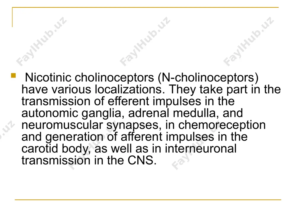 widely used in anaesthesiology when performing different surgical interventions. by causing relaxation of the skeletal muscles, they significantly facilitate the performance of most operations on the organs of the thoracic and abdominal cavities, as well as on the upper and lower limbs. they are administered in tracheal intubation, bronchoscopy, reduction and reposition of bone fracture fragments. besides, these drugs are sometimes used for the treatment of tetanus and in electroconvulsive therapy. it has to be remembered, that these drugs inhibit or totally stop respiration. this is why they can be used in medical practice only when antagonists and the necessary equipment for artificial ventilation are available. никотин сезувчан холинорецепторларни стимулловчи воситалар (н-холиномиметиклар) бу гурухга алколоидлар лобелин ва цитизин киради. (см. хими­ческие структуры). улар н холинрецепторларга икки фазали таъсир килади. (стадия возбуждения сменяется угнетающим эффектом). никотин — тамаки баргларида сакланган алкалоид. (nicotlana tabacum и nicotiana rustled); даволаш ахамияти йук. амалиетда экспериментал …