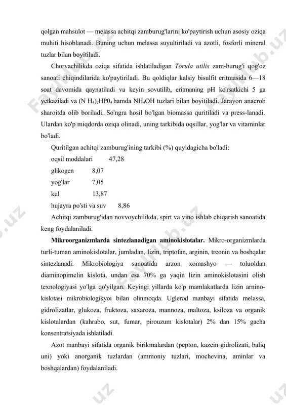 idrolizati, baliq uni) yoki anorganik tuzlardan (ammoniy tuzlari, mochevina, aminlar va boshqalardan) foydalaniladi. 1 t/kristall holatdagi lizin olish uchun 10—11 t melassa kerak bo'ladi. hozirgi vaqtda lizinning umumiy miqdoridan 85% i mikro-biologikyo'l bilan, 10% i gidrolizyo'li bilan va 5% i kimyoviyyo'l bilan olinmoqda. l-arginin corynebacterium yoki mycobacterium bakteriyasining mutantlaridan olinadi. bular uglerod va azot yetarli bo'lgan oziqa muhitida o'stiriladi, so'ngra aminokislota ajratib olinadi. arginindan tibbiyot va oziq-ovqat sanoatida foydalaniladi. treonin aminokislotasi brevibacterium yoki corynebacterium dan olinadi. micrococcus glutaminus va brevibacterium divricum katta miqdorda glutamin kislotasi va alanin aminokislotalarini sintez qiladi. mikroorganizmlar asosida o'simliklarni o'stiruvchi modda — gibberellin tayyorlash ham yo'lga qo'yilgan. hozirgi vaqtda 30 ga yaqin gibberrellinsimon moddalar ma'lum, bulardan eng muhimi gibbereliin a, — gibberellin kislotadir. bunday moddalar baktertyalar, aktinomitsetlar va boshqa mikroorganizmlardan sintez bo'ladilar. ko'pchilik mikroorganizmlar turli-tuman fermentlar sintezlaydi. bu fermentlar hujayra ichida bo'lsa - endoferment, tashqi muhitga ajratilsa, ekzoferment deb ataladi. fermentlar turli sohalarda, jumladan, oziq-ovqat, vino, …