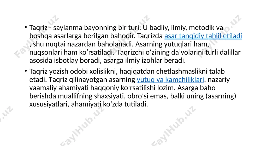 avzu yuzasidan topshiriqlar 1-topshiriq. taqriz namunasini o‘qing. soha nashrlarida berilgan birorta ilmiy maqolaga taqriz yozing. 2-topshiriq. o‘zingiz yoqtirgan kitobga taqriz yozing. ish yuritish hujjatlaridan “taklifnoma” namunasini yozish /docprops/thumbnail.jpeg