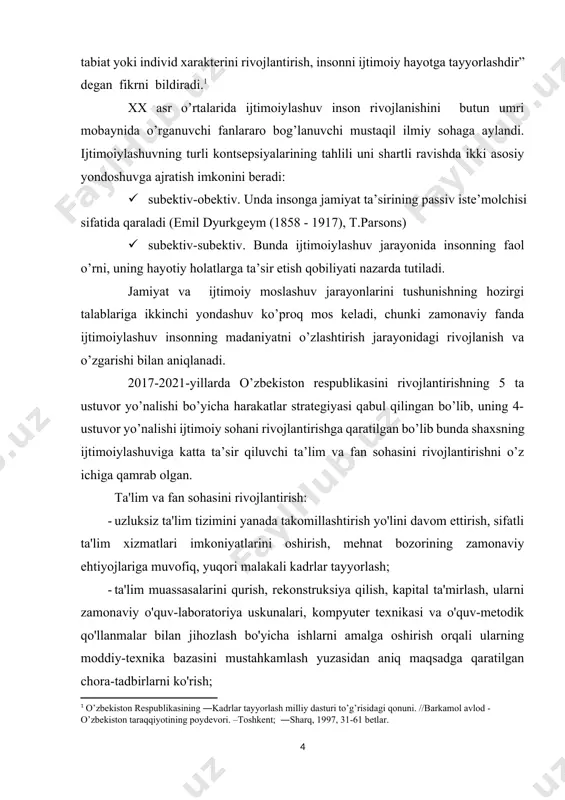 sifatini baholashning xalqaro standartlarini joriy etish asosida oliy ta'lim muassasalari faoliyatining sifati hamda samaradorligini oshirish, oliy ta'lim muassasalariga qabul kvotalarini bosqichma-bosqich ko'paytirish; · ilmiy-tadqiqot va innovatsiya faoliyatini rag'batlantirish, ilmiy va innovatsiya yutuqlarini amaliyotga joriy etishning samarali mexanizmlarini yaratish, oliy o'quv yurtlari va ilmiy-tadqiqot institutlari huzurida ixtisoslashtirilgan ilmiy-eksperimental laboratoriyalar, yuqori texnologiya markazlari va texnoparklarni tashkil etish. kurs ishining maqsadi: ijtimoiylashuvga ta’sir etuvchi omillar. shaxsning ijtimoiylashuvga siyosiy, iqtisodiy, ekologik omillarning ta’sirini o’rganish. kurs ishining vazifalari: • mavzuga oid tarixiy, ilmiy, falsafiy, pedagogik-psixologik manbalarni tahlil qilish va umumlashtirish; • ijtimoiylashuvga ta’sir etuvchi omillarni o’rganish va tavsiflash; • siyosiy, iqtisodiy, ekologik omillarning shaxs ijtimoiylashuviga ta’sirini o’rganish, yoritib berish kurs ishining tuzilishi: kurs ishi kirish, asosiy qism,4 ta reja, xulosa va adaboyotlar ro’yhatidan iborat ii. asosiy qism 2.1. ijtimoiylashuvga ta’sir etuvchi omillar bоlаning ijtimоiylаshuvi, хususаn, insоnning ijtimоiy mоslаshuvi uning bilishgа bo’lgаn оbеktiv ehtiyoji jаrаyonidа pаydо bo’lаdi. birоq bu bilаn uzviy rаvishdа bоlа bоshqа bir оbеktiv …