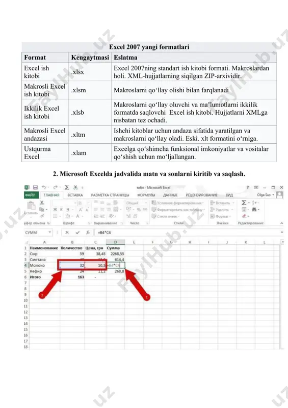 e 95 paketiga qoʻshilgan) · 1997-yil — excel 97 (microsoft office 97 paketiga qoʻshilgan) · 1999-yil — excel 2000 (9) — microsoft office 2000 · 2001-yil — excel 2002 (10) — microsoft office xp · 2003-yil — excel 2003 (11) — microsoft office 2003 · 2007-yil — excel 2007 (12) — microsoft office 2007 · 2010-yil — excel 2010 (14) — microsoft office 2010 · 2013-yil — excel 2013 (15) — microsoft office 2013 · 2015-yil — excel 2016 (16) — microsoft office 2016 · izoh: 1.0 versiyasi apple mahsulotlari bilan chalkashlikdan yiroqda boʻlish uchun ishlatilmagan. · izoh: excel 6.0 mavjud emas, negaki windows 95 versiyasi word 7 bilan yetkazilgan. · izoh: 13.0 versiyasi triskaidekafobiya (13 sonidan qoʻrqish kasalligi) tufayli qoldirilib ketilgan. excel 2010 oʻzining ichki 14.0 versiyasiga ega. macintosh uchun versiyalar · 1985 — excel 1.0 · 1988 — excel 1.5 · 1989 — excel 2.2 · 1990 — …