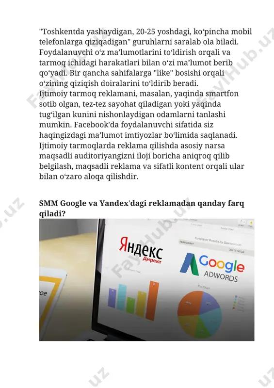 lar. saytlar bu orqali o‘z sahifasiga odamlarni yo‘naltirishni maqsad qiladilar. masalan, lifehacker facebook'da o‘z maqolalarini e’lon qilib boradi. “biznesrivoj” ham doimiy ravishda bu ishni qilib boradi. smm nimalarni bera oladi 1. chegirmalar va yangi mahsulotlar haqida ma’lumot berish mavsumiy savdoni rag‘batlantirish, tezkor xabarchilar orqali maxsus takliflarni yuborish ... bularning barchasi sizning mavjud mijozlaringiz uchun juda qadrlidir, chunki sevimli kompaniyangizdan arzon narxda mahsulot olish har doim yoqimli. 2. qidiruv natijalarida paydo bo‘lish ijtimoiy tarmoqlar qidiruv tizimlari tomonidan rasmiy veb-sayt bilan bir xil tarzda indekslanadi. agar foydalanuvchi sizning brendingiz nomini yozsa, u holda bosh sahifasiga qo‘shimcha ravishda ijtimoiy tarmoqlaringiz ham qidiruv natijalarida paydo bo‘ladi. foydalanuvchi ularga obuna bo‘lib, sizga mos keladigan joyda sizni kuzatishi mumkin. 3. maqsadli auditoriyani kengaytirish, brend xabardorligini oshirish har qanday ijtimoiy guruhning yangi potensial mijozlari sizni ijtimoiy tarmoqlarda ko‘rishi mumkin. bu sizning obunachilaringizning repostlari, guruhlarga reklama, maqsadli va turli nashrlarning yuqori qismlariga kirishlari bilan bog‘liq. 4. nufuzni oshirish, …