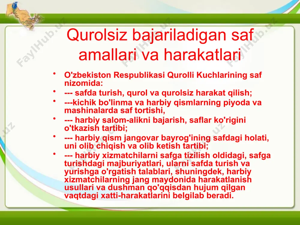 ga bir tekis bosish lozim. qo'llarni yelkadan boshlab harakatlantirish, bunda qo'llar oldinga silkinganda, tirsakdan bukib, kaft kengligida kamar to'qasidan baland ko'tarilishi va shuncha masofadan gavdadan uzoq, tirsak esa qo'lining undan quyi qismi balandligida bo'lishi, qo'l yelka bo'g'inidan iloji boricha silkinishi kerak. panjalar yarim bukilgan holatda bo'lishi, boshni to'g'ri tutish va to'g'ri oldinga qarash lozim. turgan joyda yurish turgan joyda burilish joyida turib burilishlar «o'ng-ga», «chap-ga», «ort-ga» ko-mandalari bilan bajariladi. chapga va orqaga burilishlar chap qo'l tarafga chap oyoqning tovoni va o'ng oyoqning uchida o'ngga burilish esa o'ng qo'l tarafga o'ng oyoqning tovoni va chap oyoqning uchida bajariladi. burilishlar — ikki bosqichda bajariladi: birinchi bosqich — gavdani to'g'ri tutgan holda burilish va tizzalarni bukmasdan gavdaning og'irligini oldinda turgan oyoqqa o'tkazish. ikkinchi bosqich — eng qisqa yo'l bilan ikkinchi oyoqni birinchisining yoniga qo'yish. yurish safi yurish safi — unda seksiya kolonnaga tiziladi yoki seksiyalar nizom yoki komandir belgilab qo'ygan oraliq masofani saqlagan …