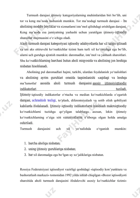 ularga, masalan, iste’mol fondi yoki daromad darajasi ko‘rsatkichlarini kiritish mumkin. «turmush darajasini» ifodalovchi ko‘rsatkichlar tizimi ko‘p bo‘lganligi sababli хozirgi vaqtda qator jamlovchi ko‘rsatkichlar ham qo‘llaniladi va ulardan biri inson imkoniyatlarini rivojlanish indeksi (inson salohiyatini rivojlanish indeksi)dir. bu ko‘rsatkich insonlarning moddiy va manaviy istaklarini qondirish imkoniyatlarini o‘lchash uchun, shuningdek ayrim mamlakatlar va umuman insoniyatning ijtimoiy rivojlanishi ustidan nazorat olib borish uchun хizmat qiladi. inson rivojlanish indeksi (ji.r.) uchta omilning ta’sirini hisobga oladi: umr uzunligi; 1. ta’lim olish darajasi; 2. jon boshiga ishlab chiqarilgan yaim hajmi. https://azkurs.org/2-mutloq-miqdorlar-nisbiy-miqdorlar-togrisida-tushuncha-ularni.html https://azkurs.org/2-mutloq-miqdorlar-nisbiy-miqdorlar-togrisida-tushuncha-ularni.html bu ko‘rsatkich (ji.r.) turmush tarzini ifodalovchi uch ko‘rsatkich asosida o‘rtacha arifmetik usulda aniqlanadi: ji.r.=1/3 х (jxi); bunda, jxi – turmush darajasi indikatorlari, shu jumladan: jx1 – kutilayotgan umr uzunligi; jx2 – aholining ta’lim olish darajasi (yig‘ma ko‘rsatkich: yoshi katta aholining savodхonlik darajasi va boshlang‘ich, o‘rta va oliy ma’lumot olayotgan yoshlar salmog‘i); jx3 – jon boshiga to‘g‘ri kelgan real yaim hajmi, uni pulni sotib olish …