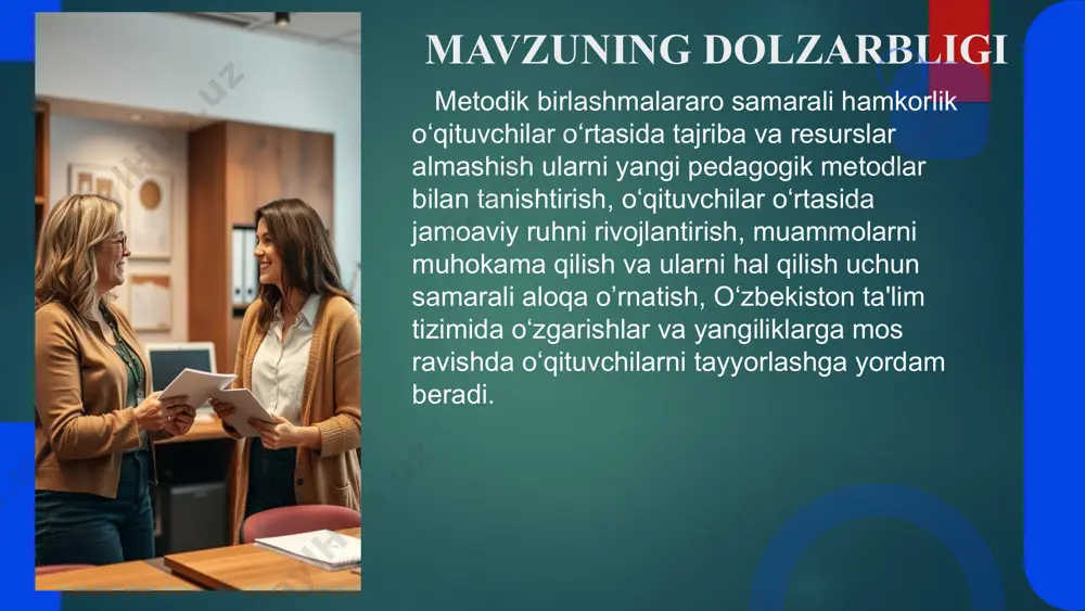 ion pedagogik metodlarni o’rganish, o‘qituvchilarni malakasini oshirish, jamoaviy ishni kuchaytirish, muammolarni birgalikda hal qilish, resurslardan yanada samarali foydalanish. vazifa tajriba almashish: o‘qituvchilar o‘rtasida tajriba va bilimlarni almashish uchun platforma yaratish hamkorlik loyihalarini amalga oshirish nazorat va baholash mexanizmlarini ishlab chiqish: o‘qituvchilar o‘rtasida jamoaviy loyihalar ishlab chiqish va ularni amalga oshirish orqali tajriba orttirish. ta'lim jarayonini samarali baholash va nazorat qilish usullarini ishlab chiqish. psixologik va ijtimoiy muhitni yaxshilash: maktabda ijobiy psixologik va ijtimoiy muhitni yaratishga qaratilgan faoliyatlar o‘tkazish. pedagogik seminarlar va treninglar tashkil etish: o‘qituvchilarning malakasini oshirish va yangi pedagogik metodlar haqida ma'lumot berish. finlandiya: talim tizimida hamkorlik va metodik birlashmalar singapur: professional o’qituvchilar hamkorligi shvetsiya. hamkorlik va ilg’or pedagogik yondashuvlar xorijiy tajribalar ta'lim tizimining yuksak sifatini ta'minlash: finlyandiya o‘qituvchilarining samarali hamkorligi ularning metodik birlashmalari orqali amalga oshiriladi. ular darslarni rivojlantirish va yangi pedagogik metodlarni qo‘llash uchun muntazam uchrashuvlar o‘tkazadilar. professional rivojlanish va hamkorlik: finlyandiya maktablarida metodik guruhlar va o‘qituvchilarning …