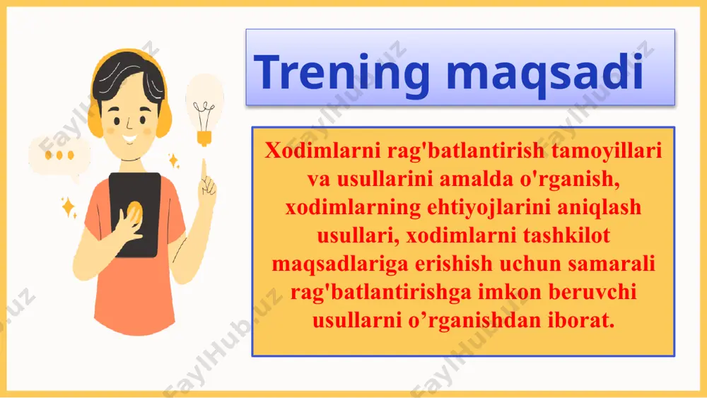 bidagi o’zgarishlar ishchi kuchi kеksayishi ishchi kuchi tarkibida ayollar madaniy tafovutlar ? xodimlarning motivatsiyasini shakllantirishdagi to'siqlar " biz qattiq mehnat uchun qo'shimcha maosh olmaymiz"; "biz har doim shunday harakat qilganmiz"; "boshliqlarimiz nima qilayotganimizni hech narsani tushunishmaydi"; "mening ish tavsifimda bu haqda bir og'iz so'z aytilmagan"; "men ishdan bo'shatmaslik uchun qancha kerak bo'lsa, shuni qilaman." xodimlarni rag‘batlantirishning uslublari. ishni tashkil qilish. maqsadlarni belgilash. xodim uchun eng muhim qadriyatlarga murojaat qilish. baholash va nazorat qilish. axborot. boshqaruv amaliyoti. intizomiy ta’sir qilish choralari xodimlarni rag‘batlantirish turlari. moddiy rag’batlantirish. ma’naviy rag’batlantirish nomoddiy rag’batlantirish motivatsiyaning nomoddiy usullari maqsad - ishga qiziqishni oshirish tashkiliy xodimlarning tashkilot ishlarida ishtirok etishi ijtimoiy-psixologik xodimlarning xizmatlarini jamoatchilik tomonidan tan olinishi menejerlarning eng yaxshi xodimlarning ish joylariga tashrifi rivojlanish dasturlari va martaba rivojlanishi mehnat mazmunini boyitish ish uchun qulay sharoitlar yaratish hokimiyatni topshirish korporativ madaniyat tamoyillarini ishlab chiqish hurmat, ishonch, ma'qullash va qo'llab-quvvatlash muvaffaqiyat va yubileylar bilan tabriklayman faxriy yorliqdagi fotosurat, …